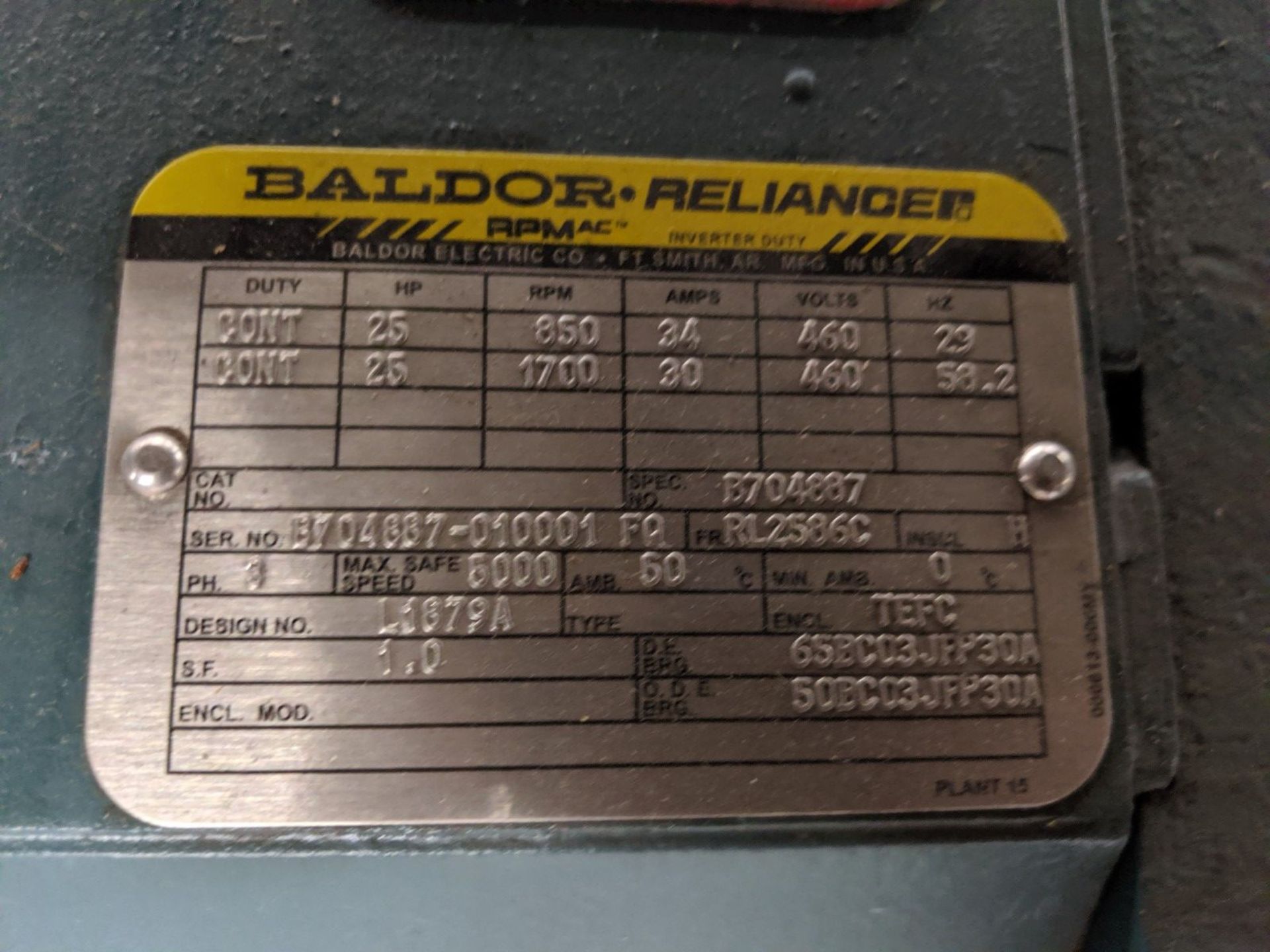 25 H.P. BALDOR RELIANCE ELECTRIC MOTOR, 460 VOLT, 850/1700 RPM, RL2586C FRAME SIZE ** NEVER PUT IN - Image 3 of 3