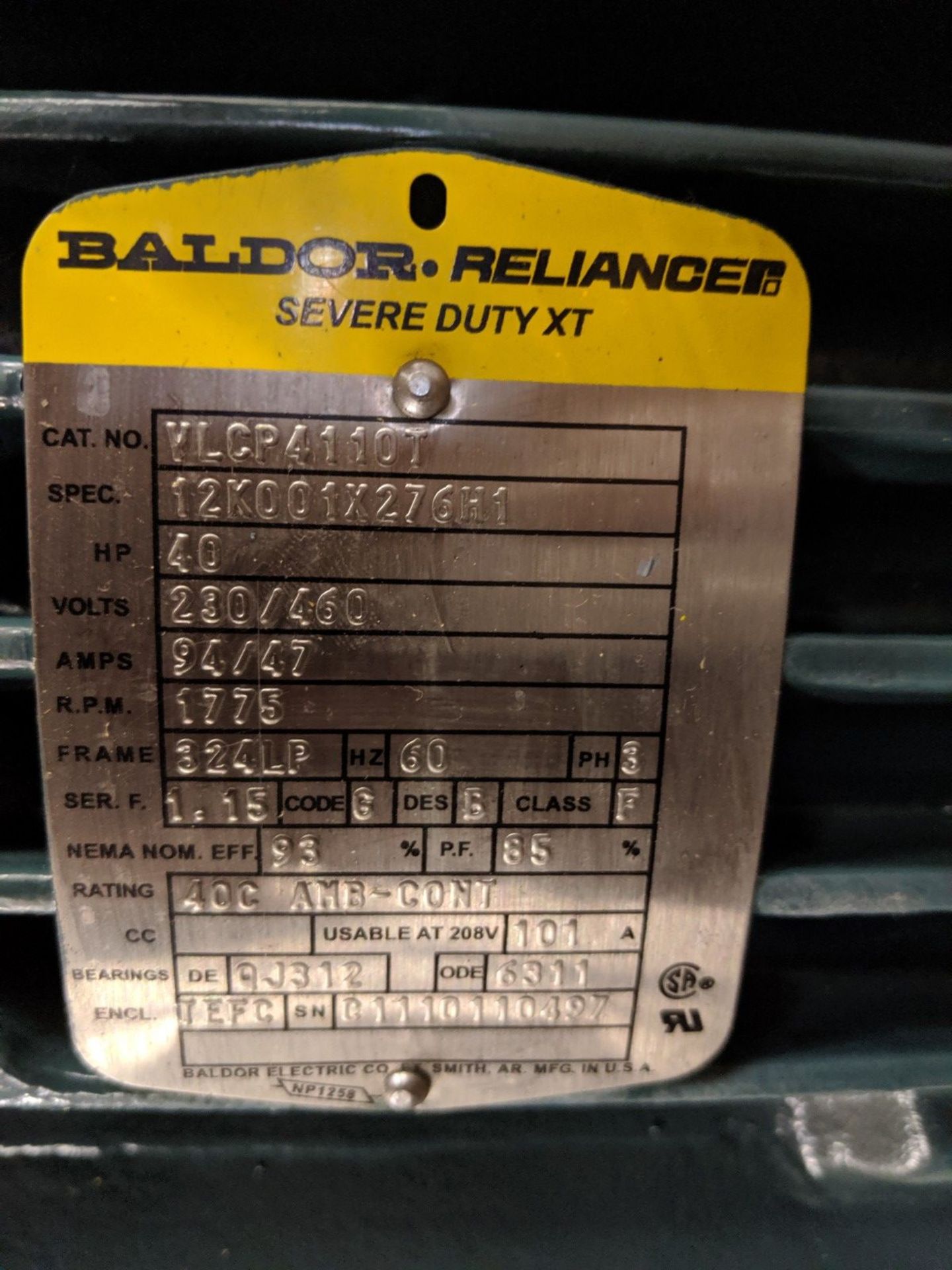 40 H.P. BALDOR RELIANCE "SEVERE DUTY XT" ELECTRIC MOTOR, 230/460 VOLT, 1775 RPM, CAT # VLCP4110T, - Image 2 of 3