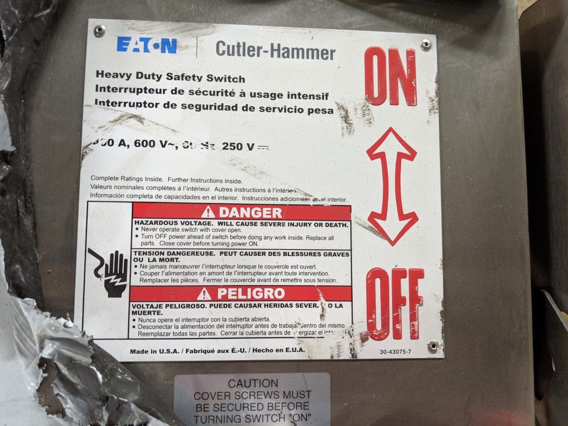EATON 400 AMP STAINLESS STEEL, WATER-TIGHT H.D. SAFETY SWITCH DISCONNECT, 600 VOLT, CAT # DH365UWK - Image 2 of 4