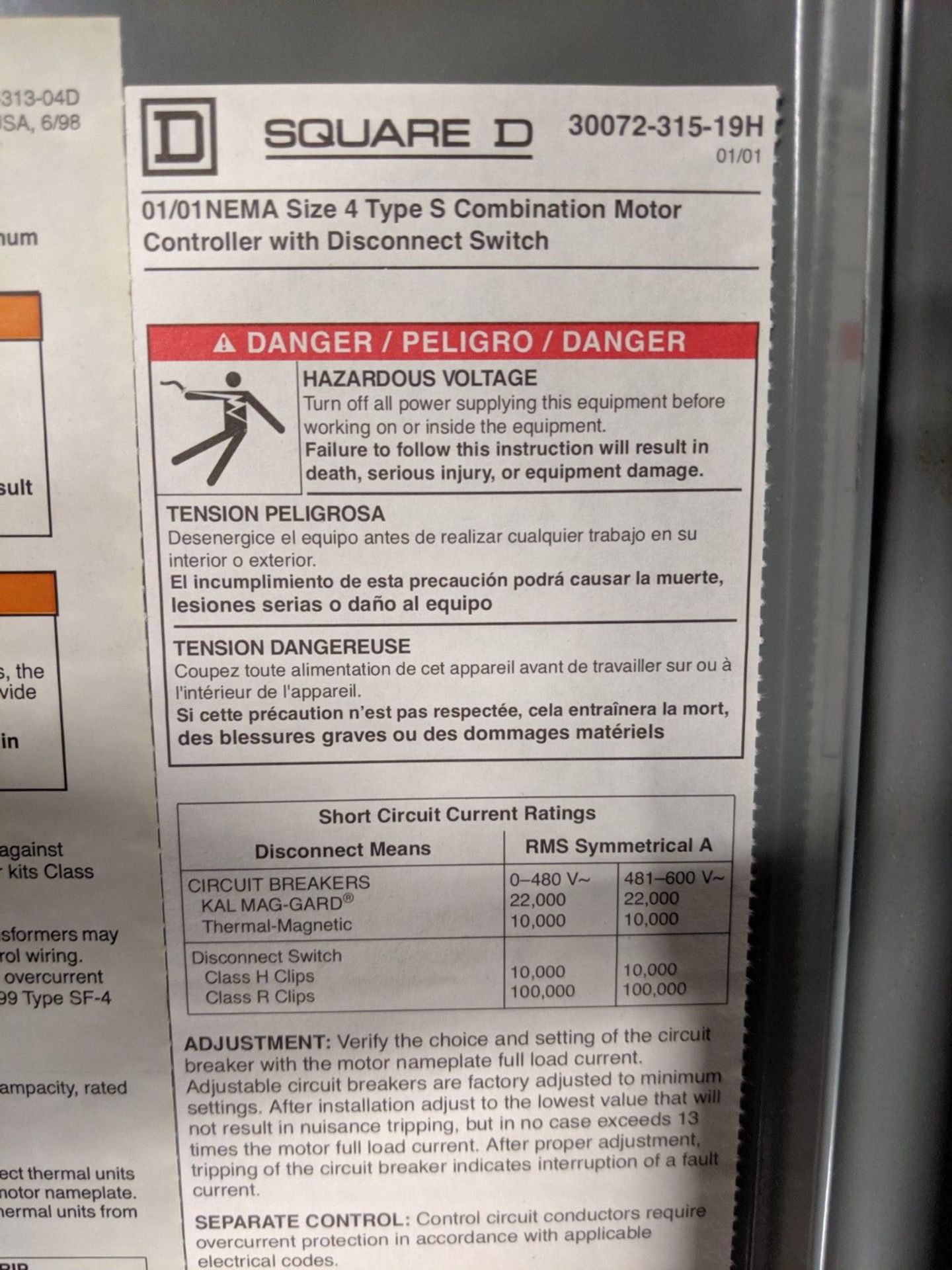 SQUARE D 200 AMP/100 H.P. MOTOR STARTER DISCONNECT SWITCH, 460/575 VOLT, CAT # 8538SFG33 - Image 3 of 5