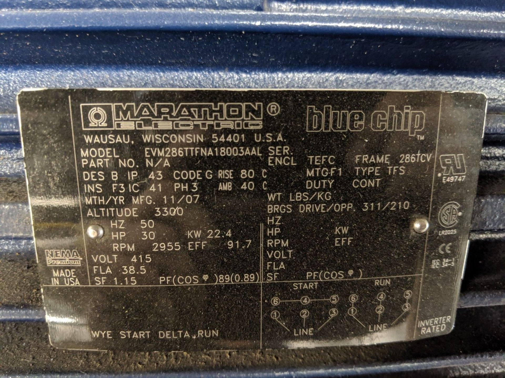 30 H.P. MARATHON "BLUE CHIP" ELECTRIC MOTOR, 415 VOLT, 2955 RPM, 286TCV FRAME SIZE ** NEVER PUT IN - Image 2 of 2