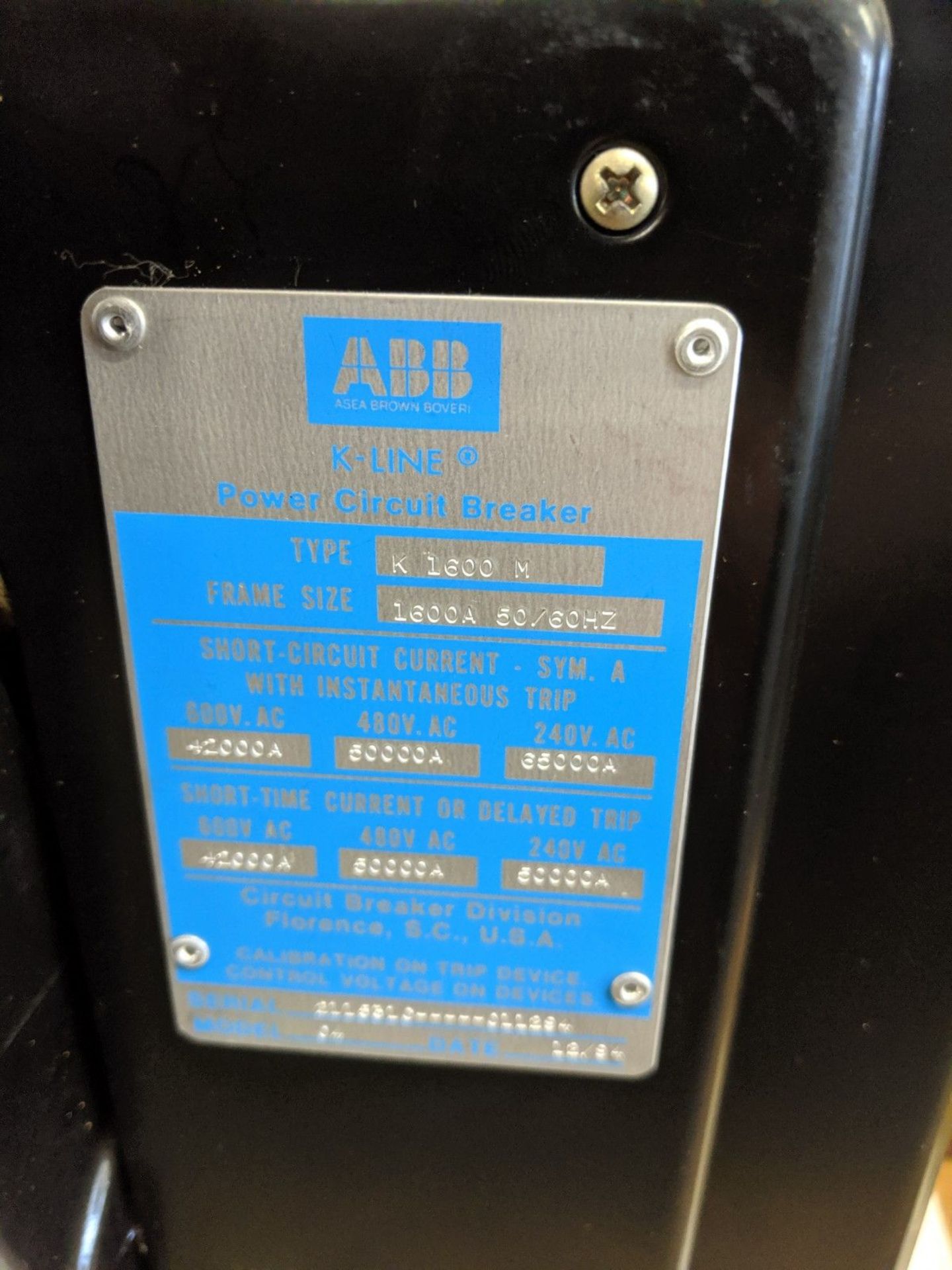 ABB "K-LINE" POWER CIRCUIT BREAKER, TYPE K1600M, FRAME SIZE 1600 AMP ** NEVER PUT IN SERVICE ** - Image 2 of 3