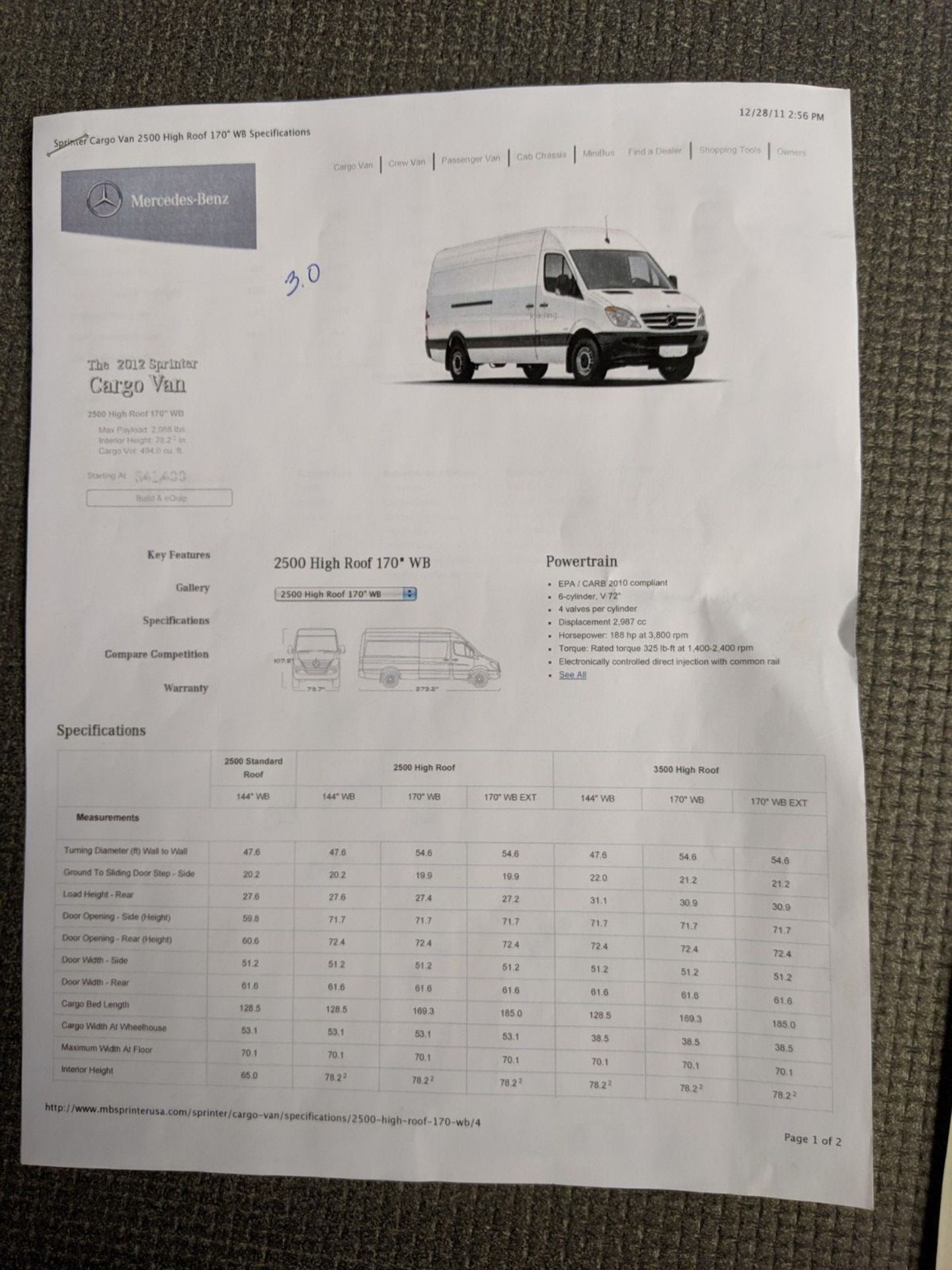 2011 MERCEDES SPRINTER 2500, 188 H.P. 3.0 L V6 TURBO DIESEL CARGO VAN, 71,091 MILES, VIN # - Image 18 of 25