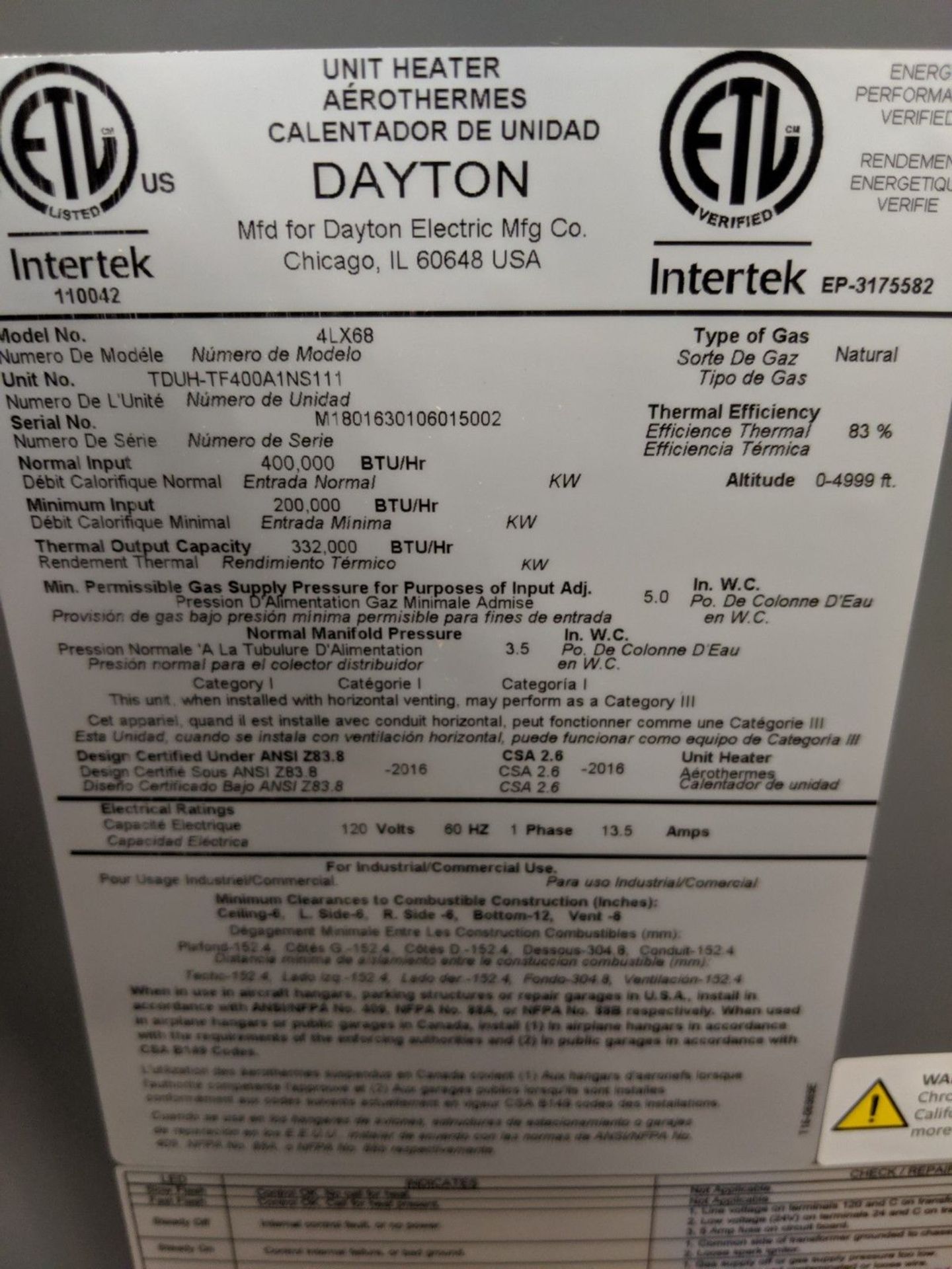 DAYTON 400,000 BTU NATURAL GAS HEATER, P/N 4LX68 - Image 3 of 6