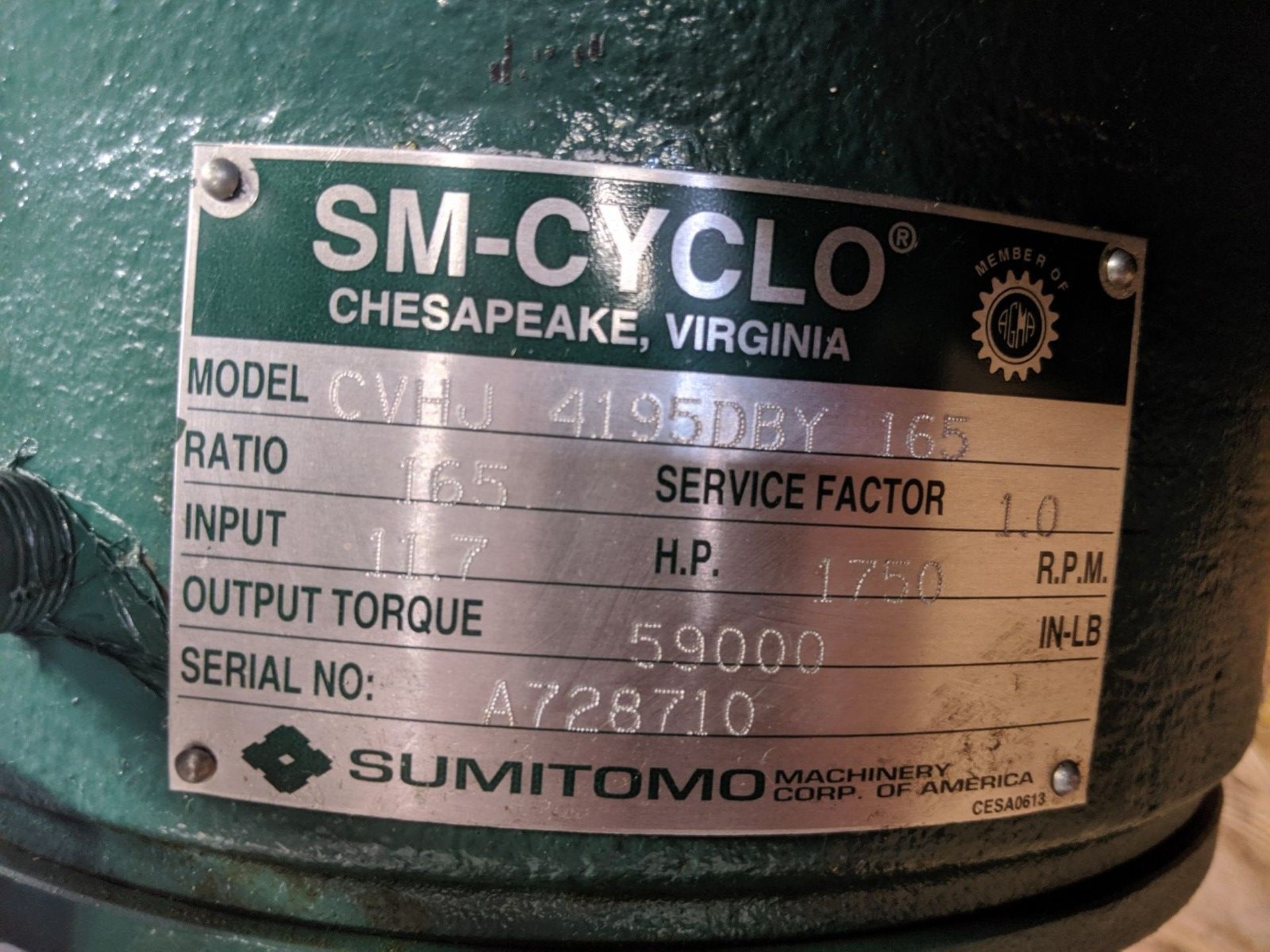 SUMITOMO SM-CYCLOSPEED GEAR REDUCER, MODEL CVHJ-4195DBY-165, RATIO 165, 1750 RPM - Image 4 of 4