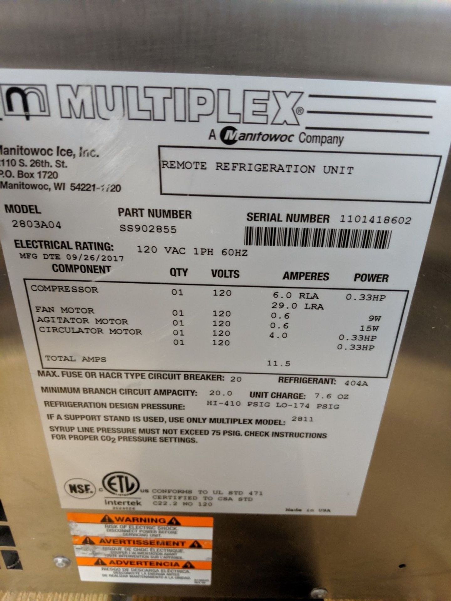 MANITOWOC MULTIPLEX REMOTE REFRIGERATION UNIT, MODEL 2803A04, S/M 110148602 (2017) WITH ACCESSORY - Image 2 of 9