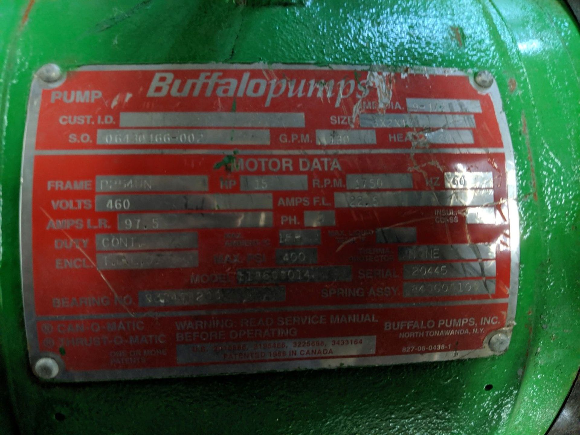 15 H.P. BUFFALO PUMPS CENTRIFUGAL BRINE PUMP, 130 GPM, 460 VOLTS, 1750 RPM ** NEVER PUT IN - Image 3 of 4