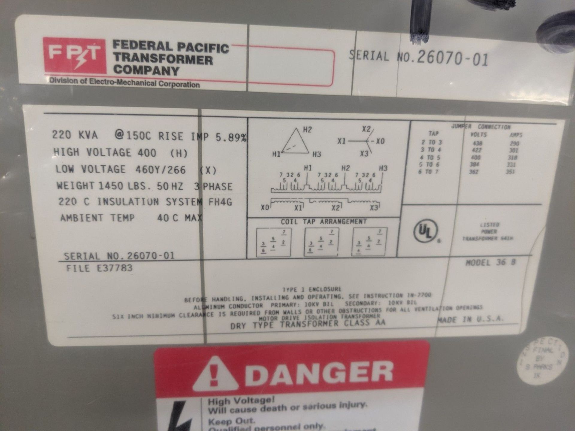 FEDERAL PACIFIC 220 KVA TRANSFORMER, 400 VOLT, CAT # FPTKVA220, MODEL 36B - Image 3 of 3