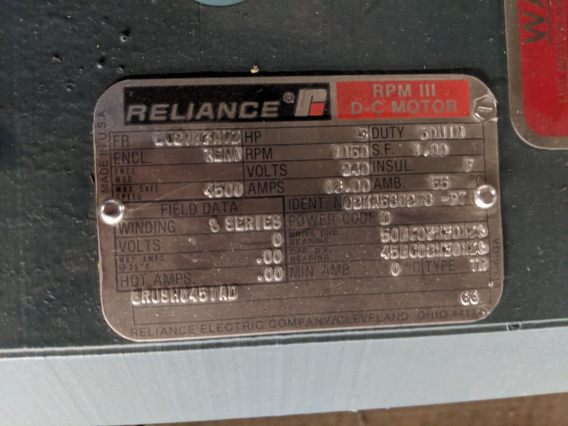 5 H.P. RELIANCE DC ELECTRIC MOTOR WITH STEARNS "SPRING SET" DISCONNECT BRAKE, 240 VOLT, 1150 - Image 2 of 3