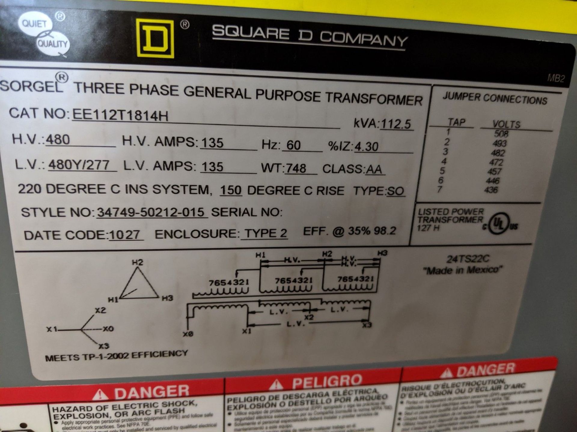 SQUARE D 112.5 KVA TRANSFORMER, 480 VOLT, 135 AMPS, CAT # EE112T1814A ** NEVER PUT IN SERVICE ** - Image 3 of 3