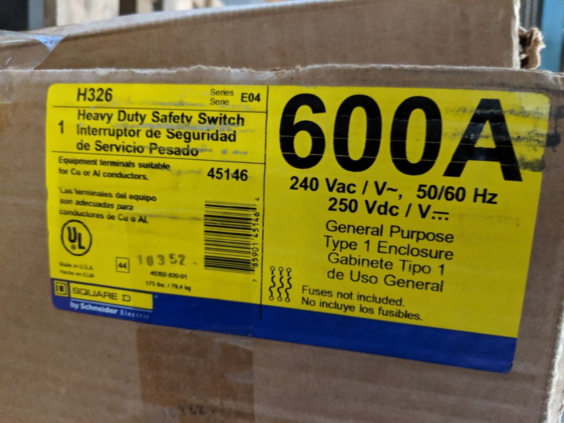 SQUARE D 600 AMP H.D. SAFETY SWITCH DISCONNECT, 240 VOLT, CAT # H326 - Image 5 of 5