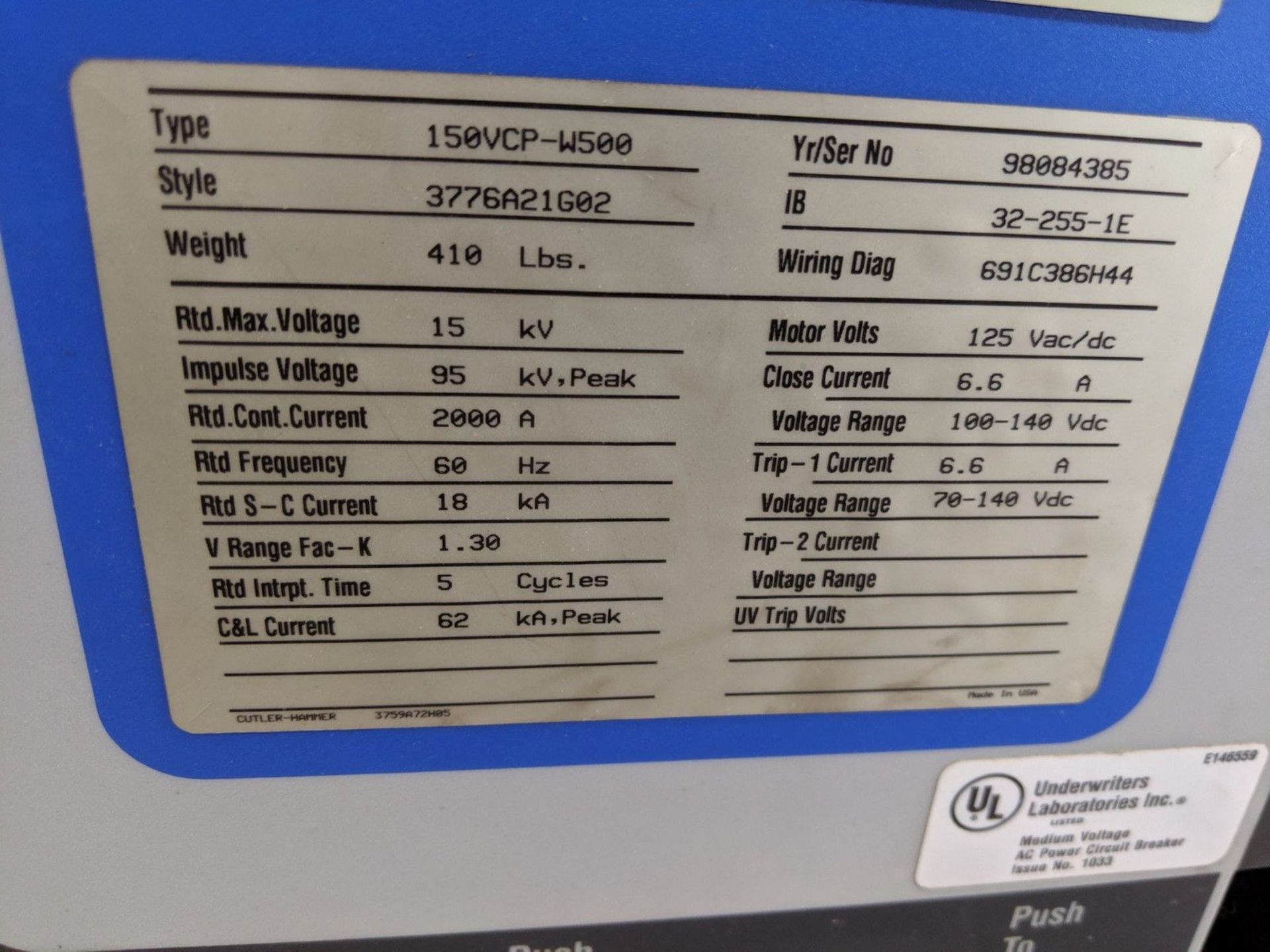 CUTTLER HAMMER TYPE 150 VCP-W500 VACUUM CIRCUIT BREAKER, S/N 98084385 ** 125 TEST CYCLES SHOWN ON - Image 3 of 4