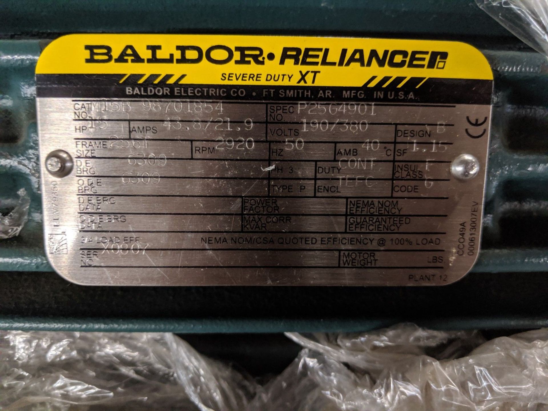 15 H.P. BALDOR RELIANCE "SEVERE DUTY XT" ELECTRIC MOTOR, 190/380 VOLT, 2920 RPM, CAT # M15B98701854, - Image 2 of 2