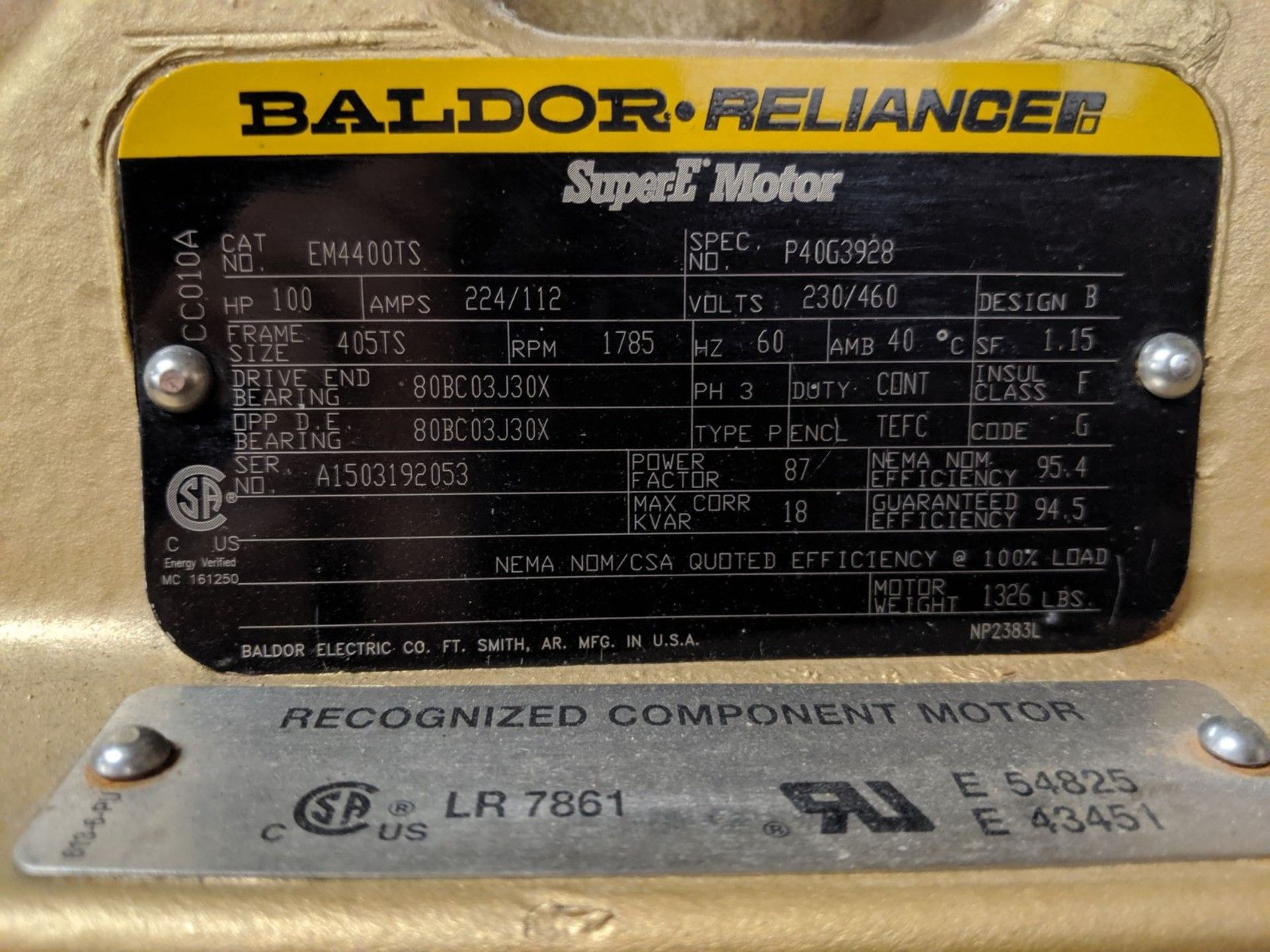 100 H.P. BALDOR RELIANCE "SUPER E" ELECTRIC MOTOR, 230/460 VOLT, 1785 RPM, CAT # EM4400TS ** NEVER - Image 2 of 2