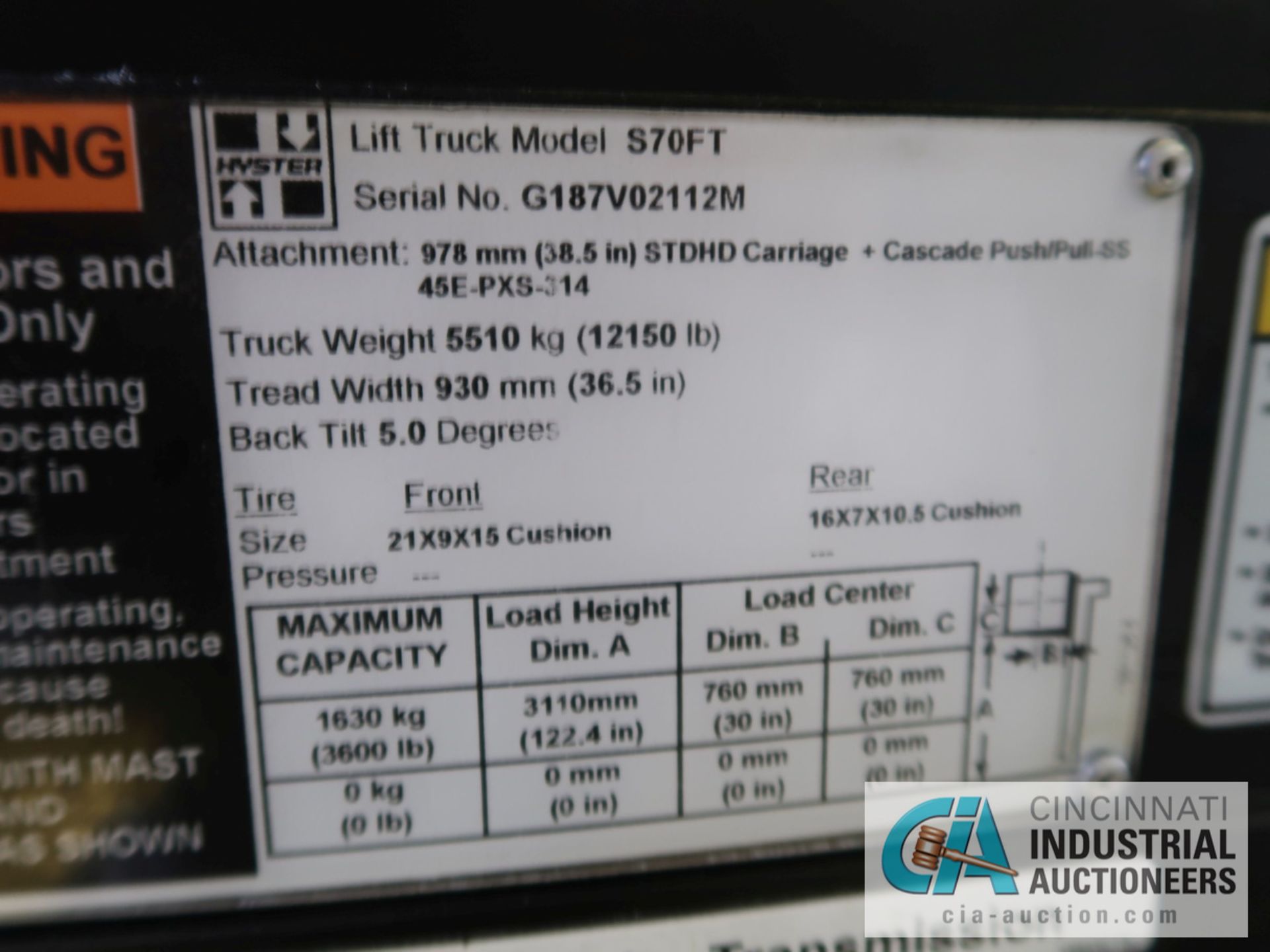 7,000 LB HYSTER MODEL S70FT LP GAS SOLID TIRE LIFT TRUCK WITH 2-STAGE MAST, 122" LIFT HEIGHT, 80" - Image 11 of 11