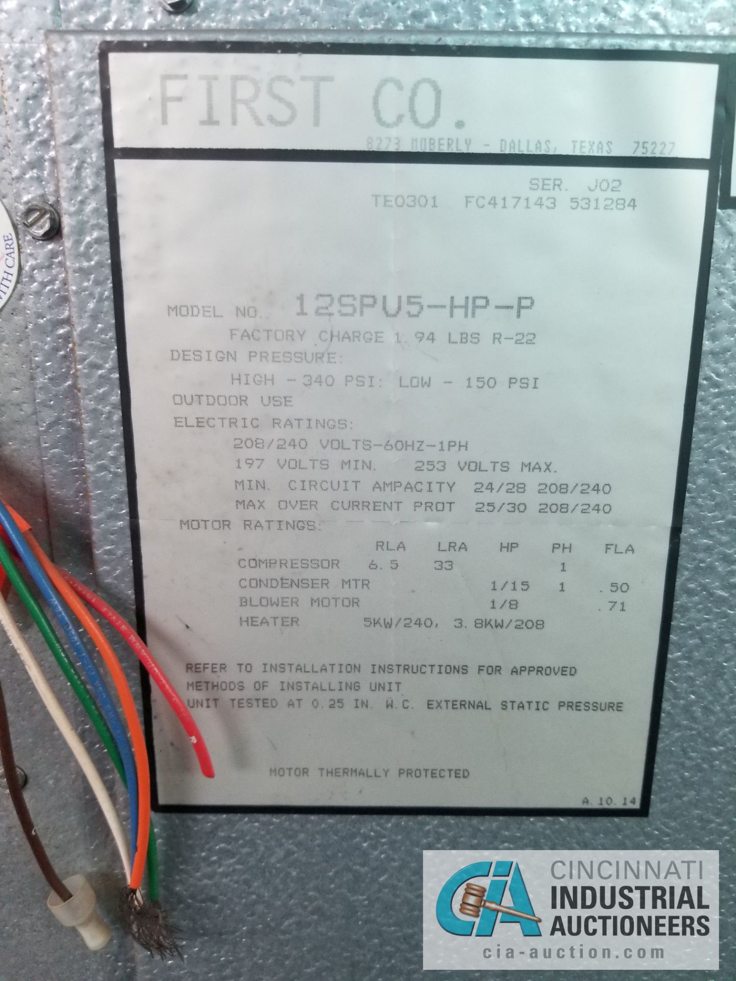 FIRST CO. MODEL SPU WALL MOUNT AIR CONDITIONING / HEAT PUMP UNIT, S/N 531284 ** NEVER INSTALLED ** - Image 2 of 2