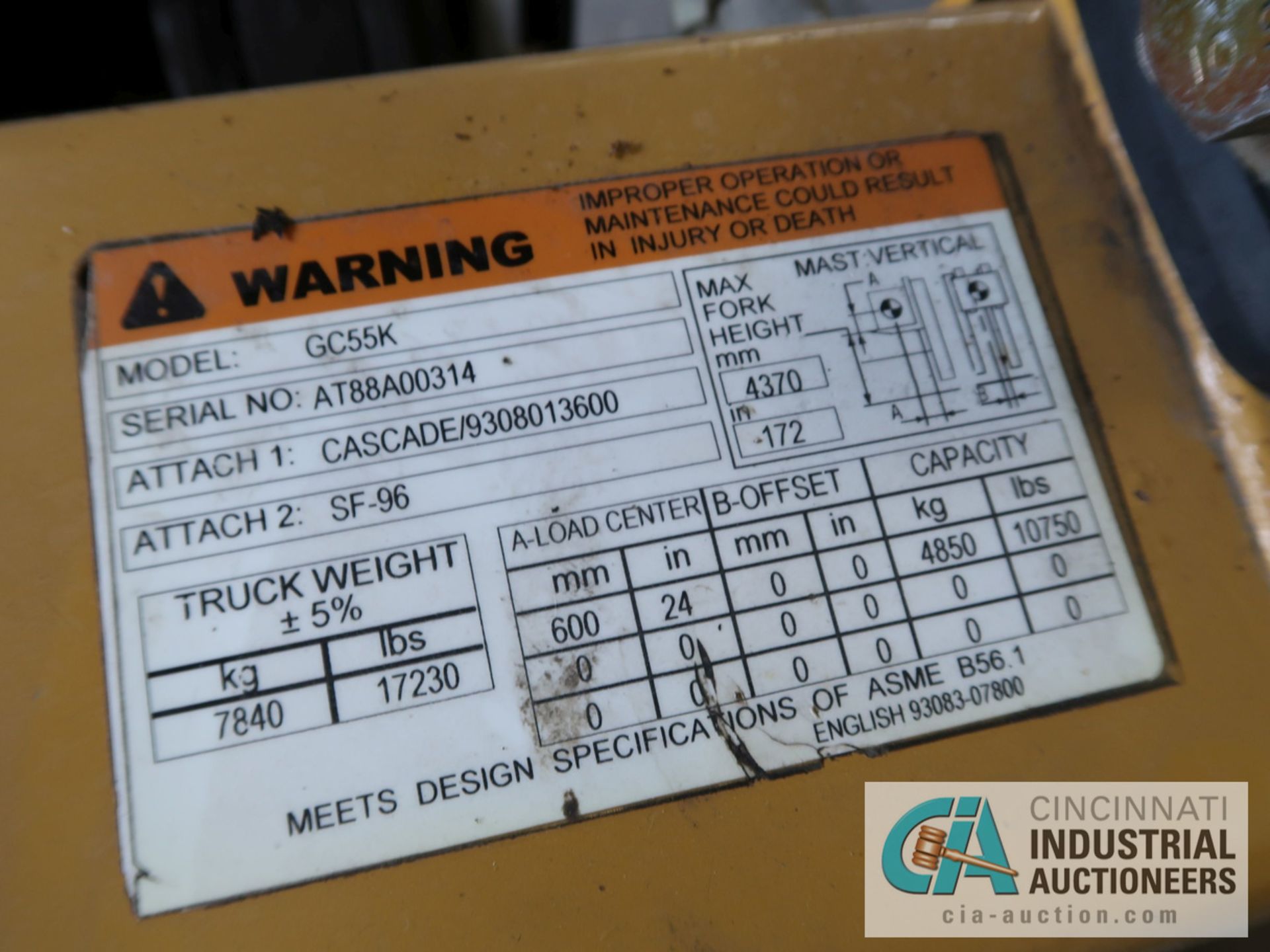 11,000 LB CATERPILLAR MODEL GC55K LP GAS SOLID TIRE FORKLIFT, S/N AT88A00314, 3-STAGE MAST, 82" MAST - Image 11 of 11