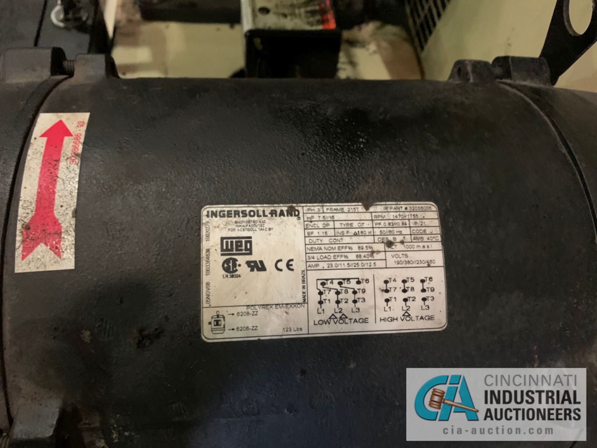 7-1/2 HP INGERSOLL RAND HORIZONTAL TANK MOUNTED AIR COMPRESSOR; S/N 0905200030, 230 VOLT, 3-PHASE, - Image 4 of 7