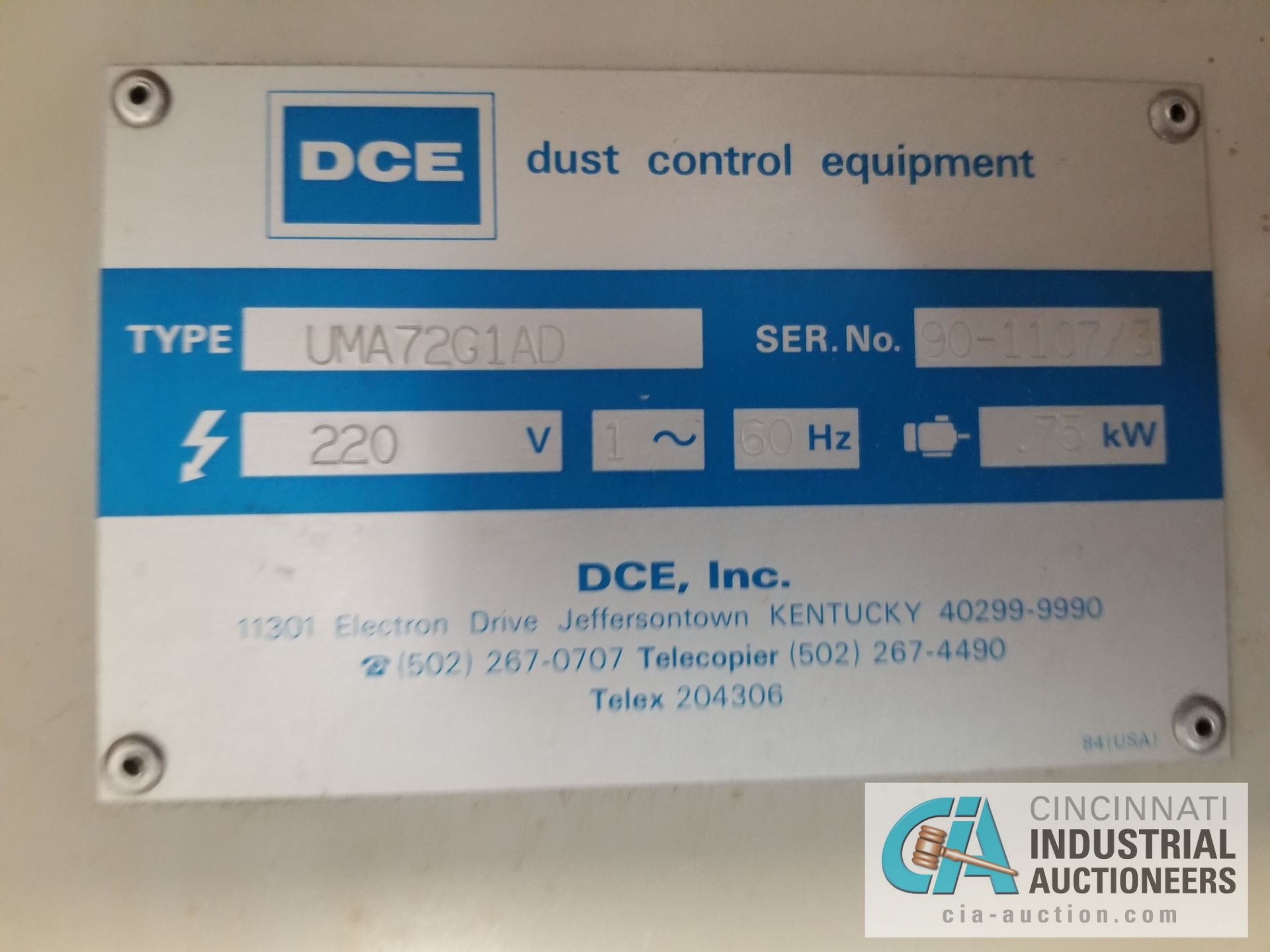 1 H.P. DCE MODEL UMA73G1AD UNIMASTER DUST COLLECTOR, S/N 89-1730/40 - Image 4 of 4