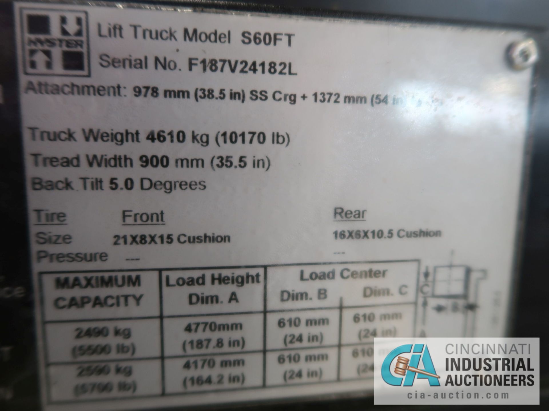 6,000 LB HYSTER MODEL S60FT LP GAS SOLID TIRE LIFT TRUCK WITH 3-STAGE MAST, 188" LIFT HEIGHT, 84" - Image 10 of 10