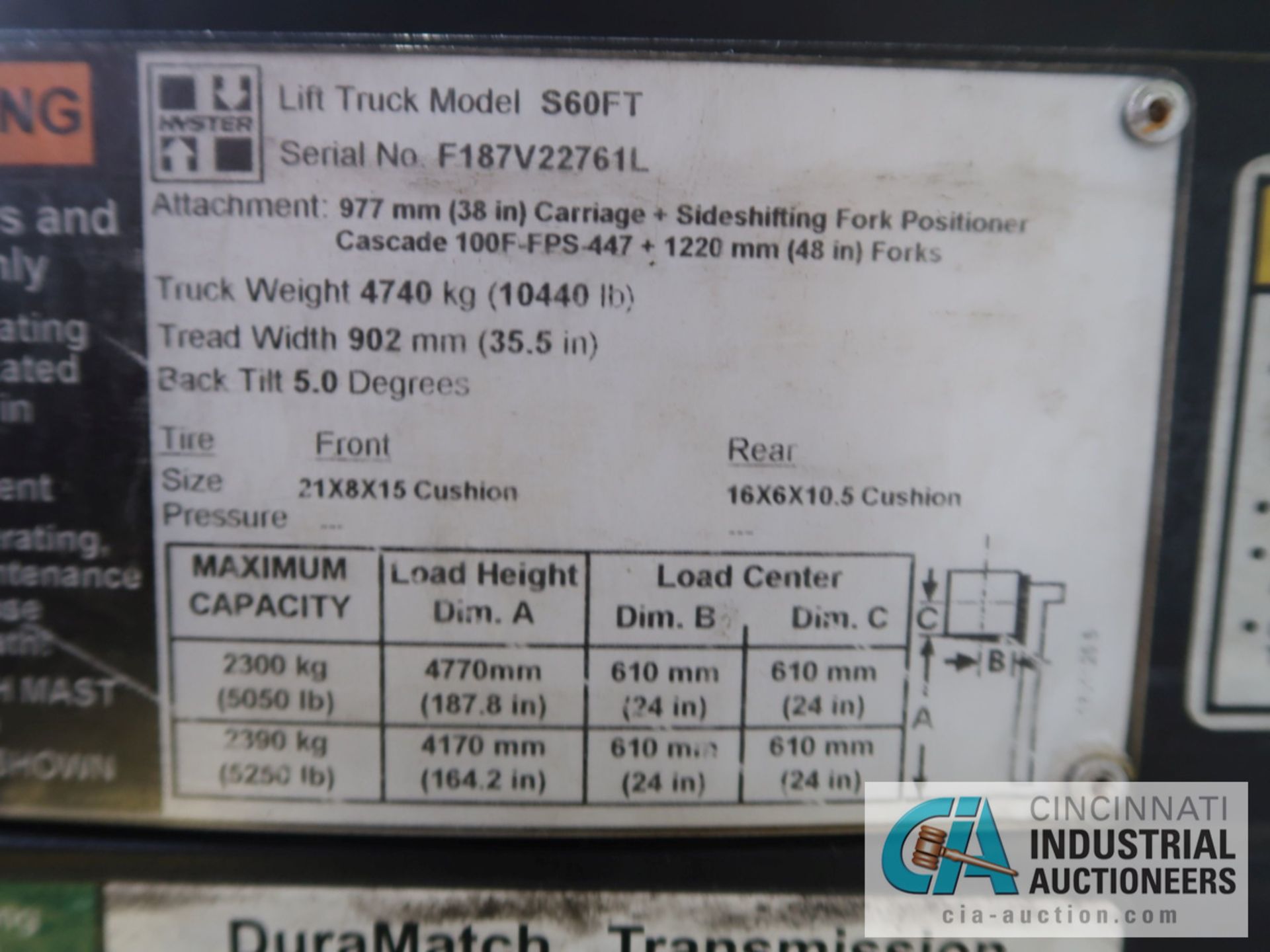 6,000 LB HYSTER MODEL S60FT LP GAS SOLID TIRE LIFT TRUCK WITH 3-STAGE MAST, 187" LIFT HEIGHT, 84" - Image 11 of 11