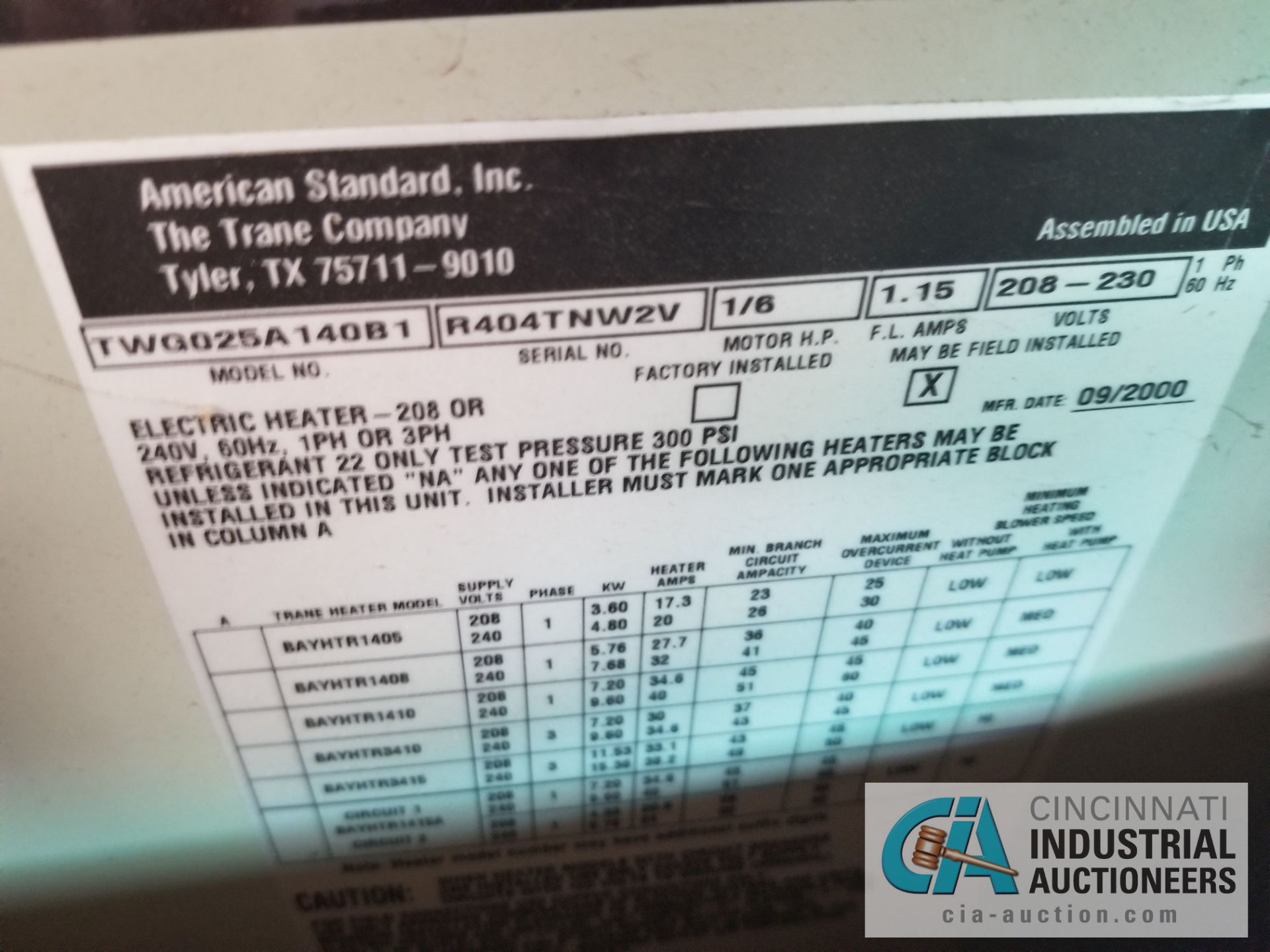 TRANE MODEL TWG025A14081 AIR HANDLING UNIT, S/N R404TNW2V, R-22 REFRIGERANT - Image 2 of 2