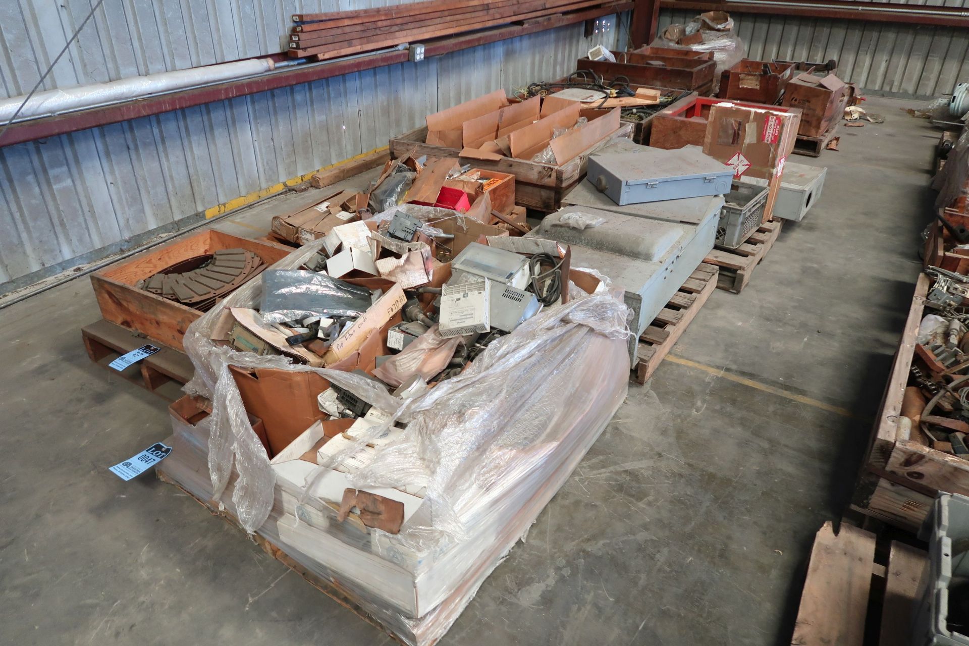 (LOT) (12) SKIDS MISC. PARTS & TOOLING, ELECTRICAL BOXES & MISC.