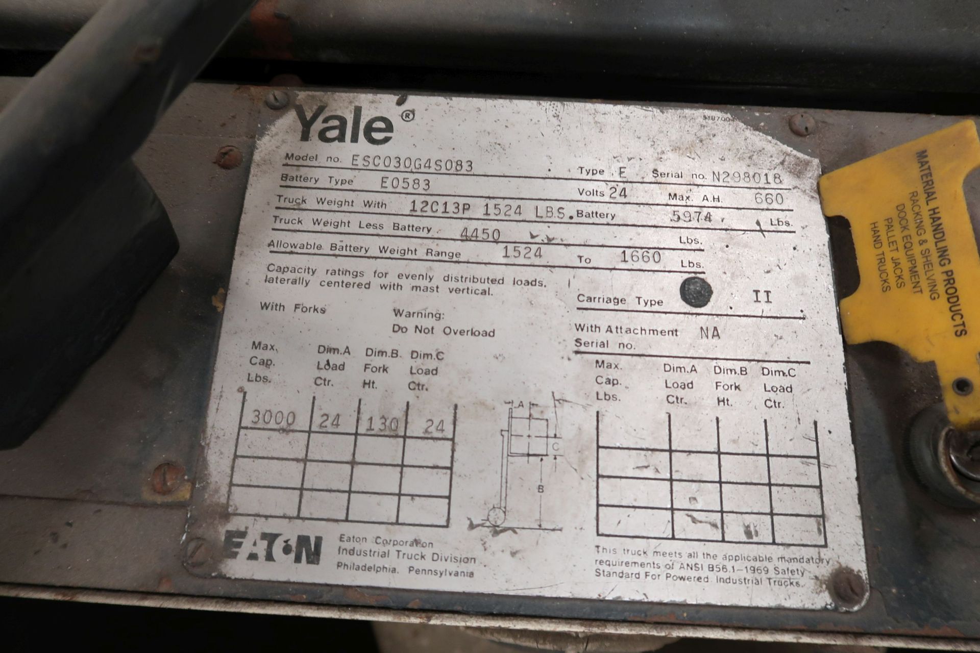 YALE ESC030 STAND-UP ELECTRIC LIFT TRUCK, OUT OF SERVICE - Image 3 of 4