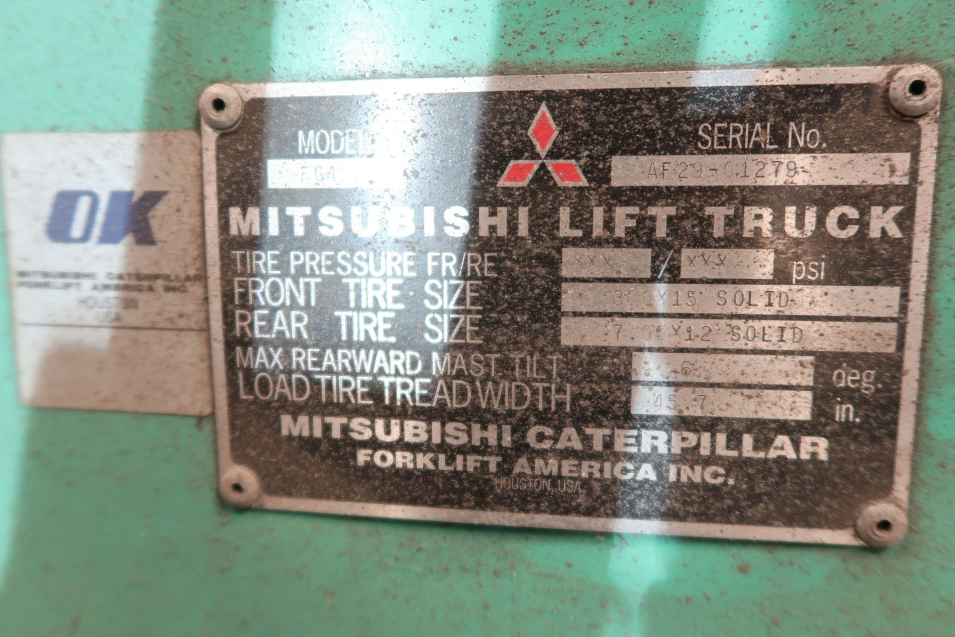 8,000 LB. MITSUBISHI MODEL FG45 LP GAS LIFT TRUCK; S/N AF29-01279, 171" LIFT, HYDRAULIC LEAK - Image 5 of 8