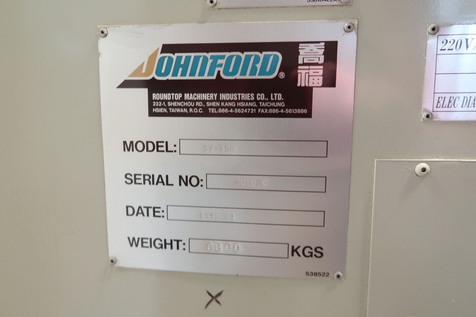 JOHNFORD MODEL SV-45H CNC VERTICAL MACHINING CENTER; S/N VU8020, FANUC 18M CONTROL, 20" X 48", 50 - Image 10 of 12