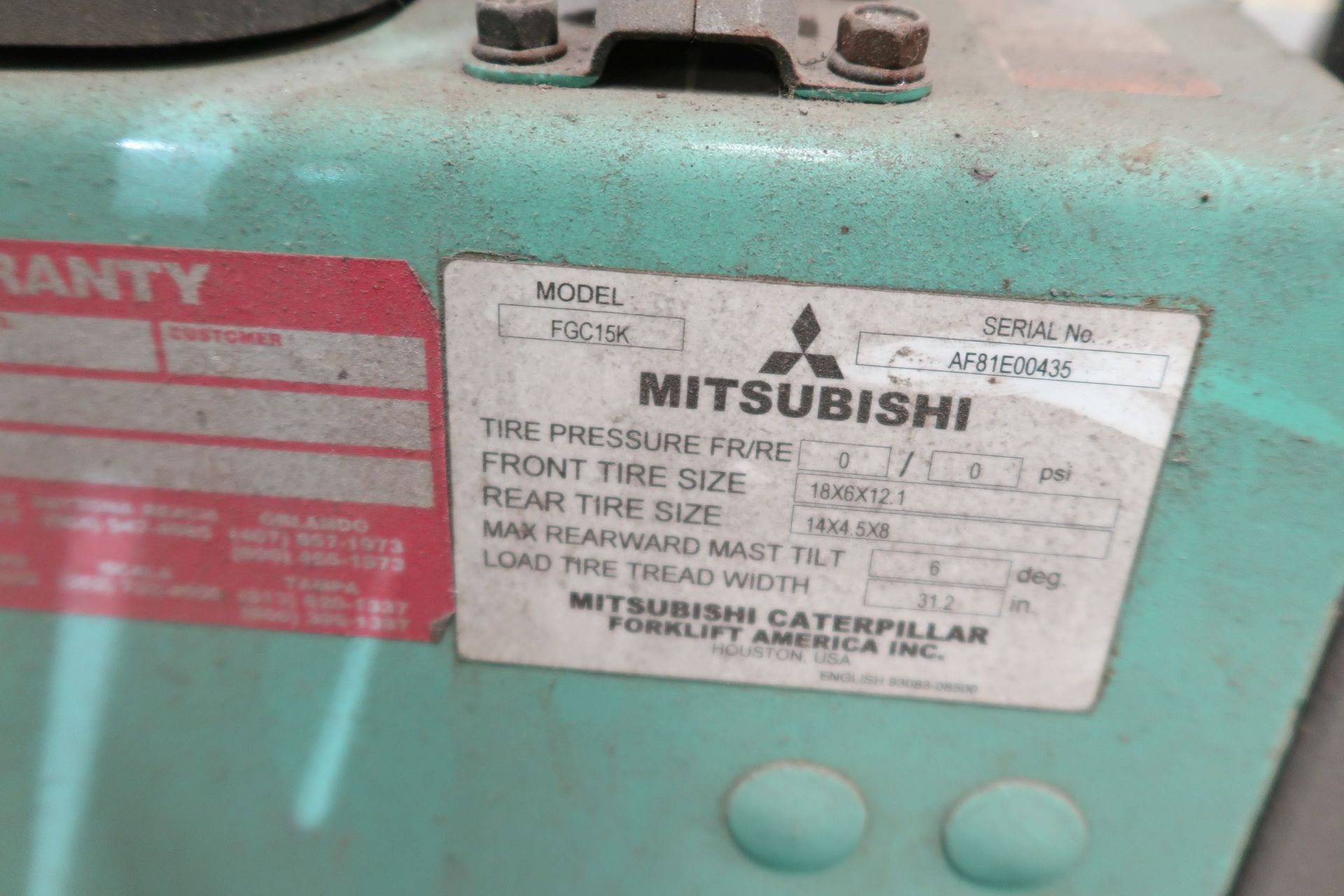 3,000 LB. MITSUBISHI MODEL FGC15K LP GAS LIFT TRUCK; S/N AF81E00435, 188" LIFT, NOT OPERATIONAL - Image 5 of 9