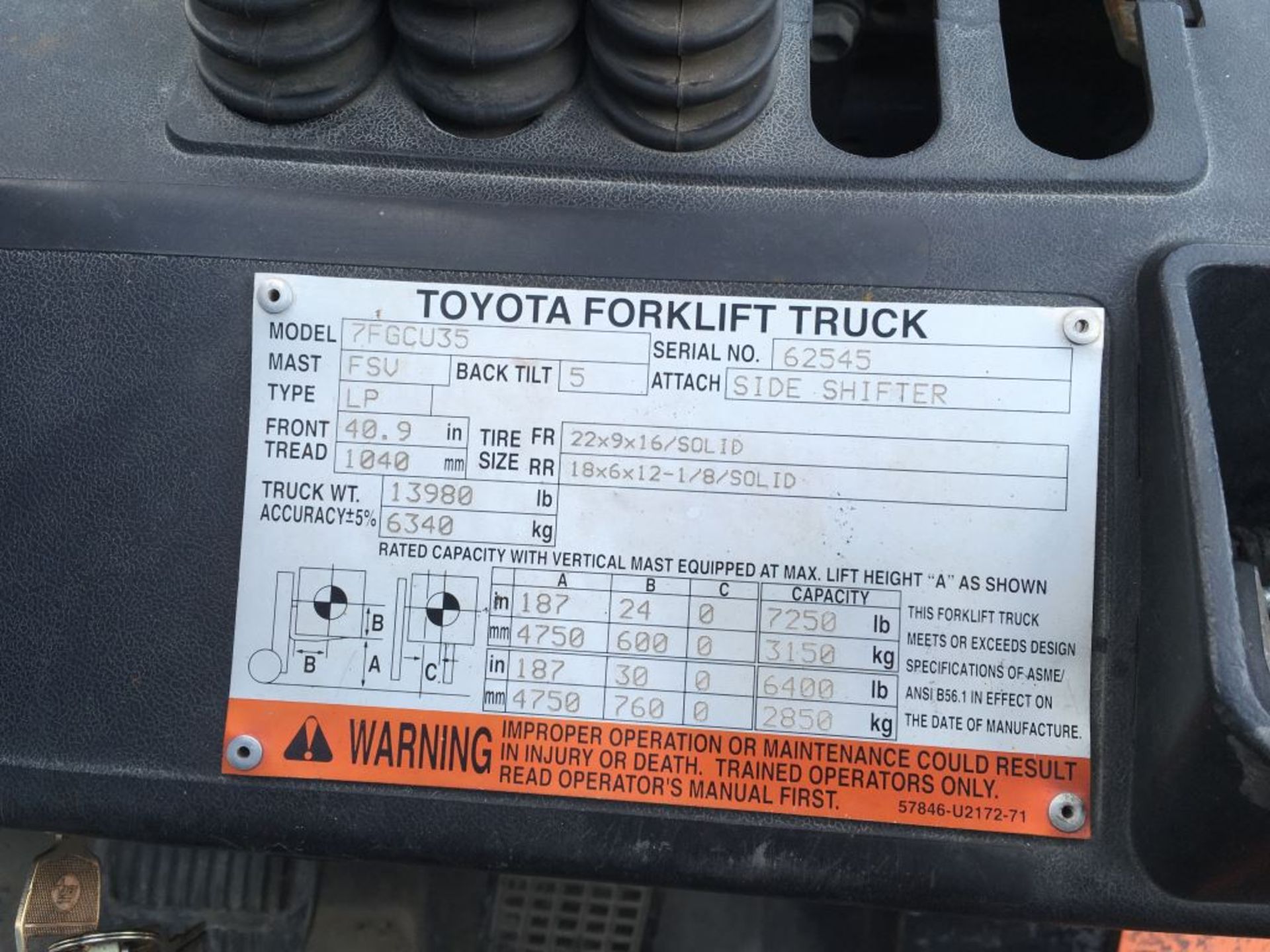 7,000 LB. TOYOTA MODEL 7FGCU35 LPG SOLID TIRE LIFT TRUCK; S/N 62545, 187” MAX. LIFT - Image 3 of 3