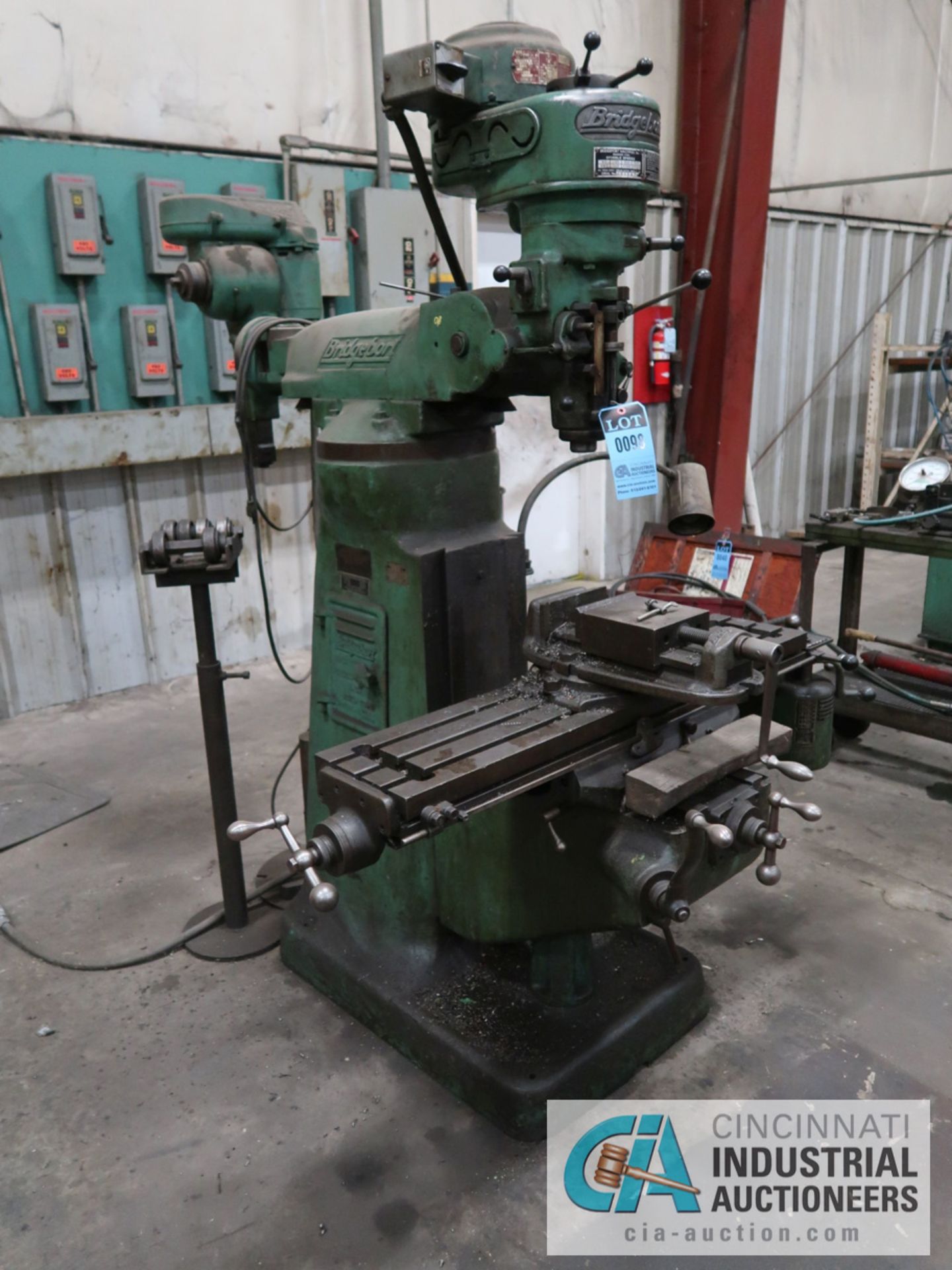 1-HP BRIDGEPORT 8-SPEED VERTICAL MILL WITH 42" POWER TABLE, VISE, SHAPING HEAD