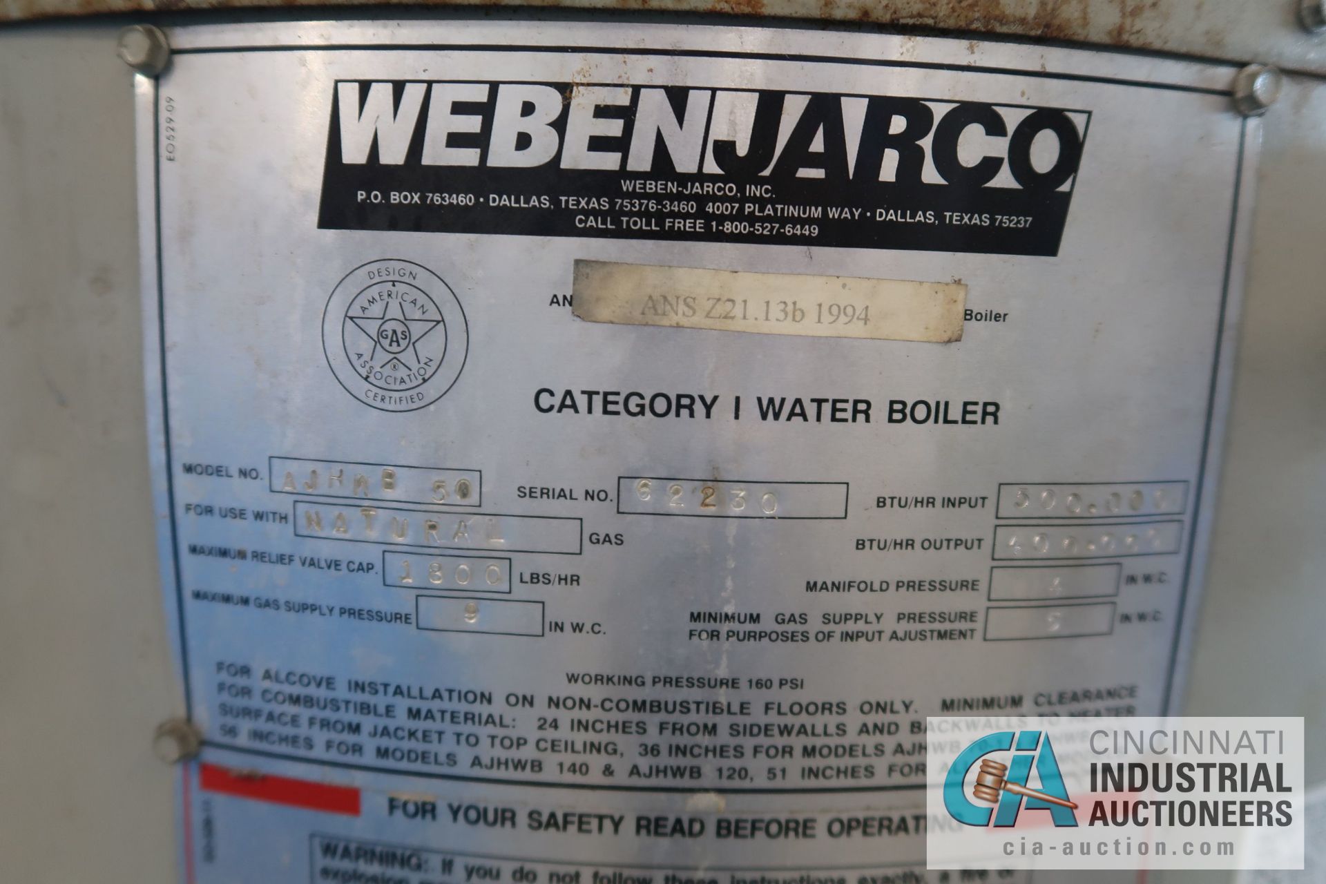 WEBEN JARCO MODEL AJHWB50 NATURAL GAS WATER BOILER, 500,000 BTU - Image 2 of 4