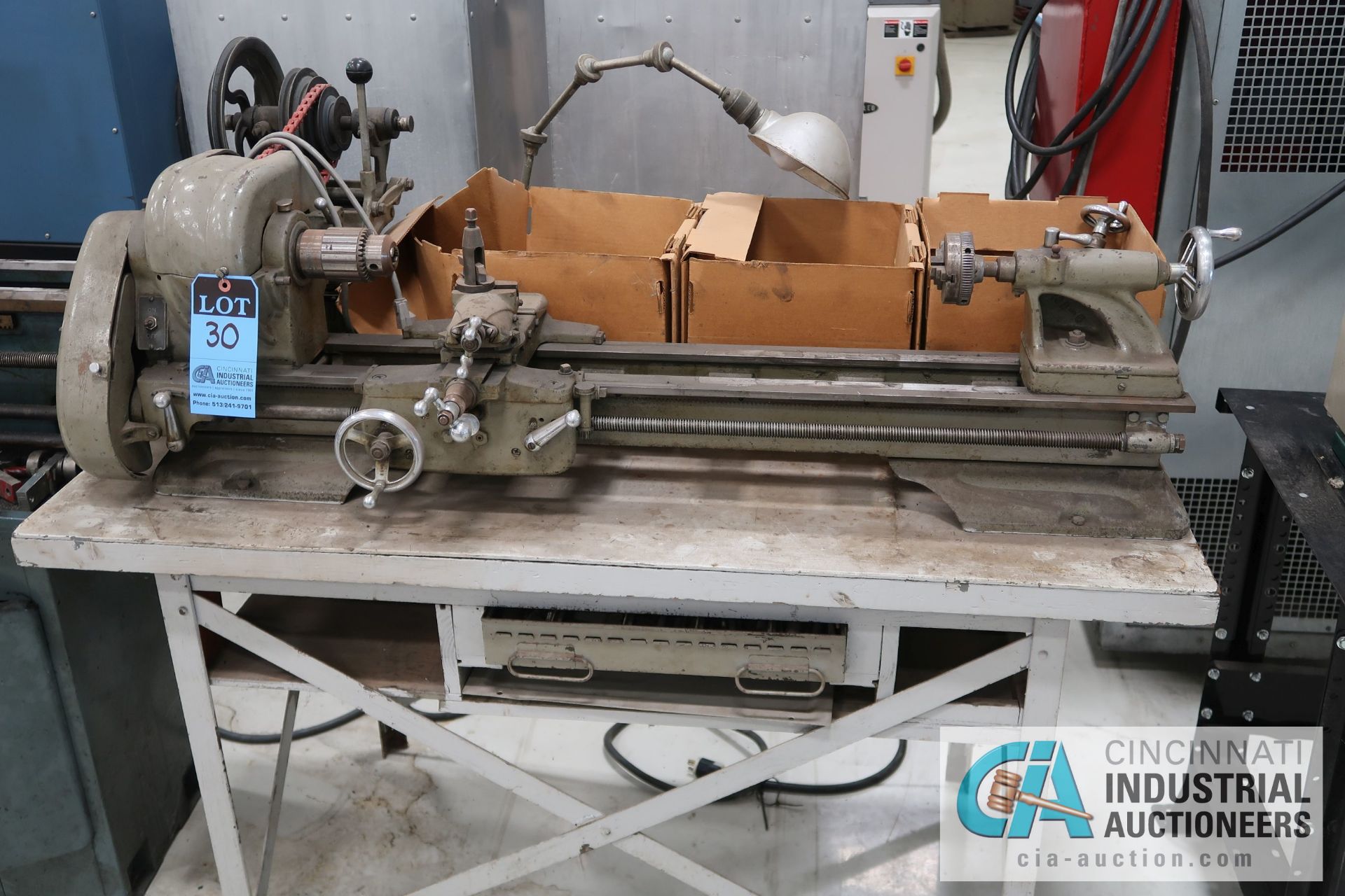 ATLAS MODEL TH48 BENCH TOP LATHE; S/N 058298, WITH WORK BENCH AND MACHINE ACCESSORIES, 110 VOLT