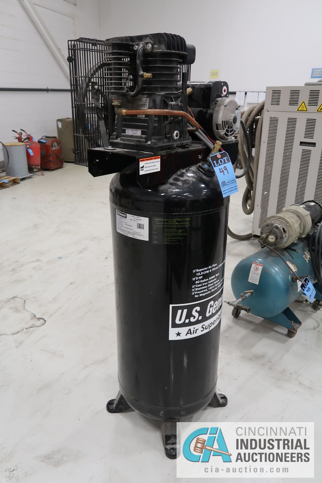 5 HP US GENERAL HORIZONTAL TANK MOUNTED AIR COMPRESSOR, 60 GAL. TANK, 230 VOLT - Image 2 of 4