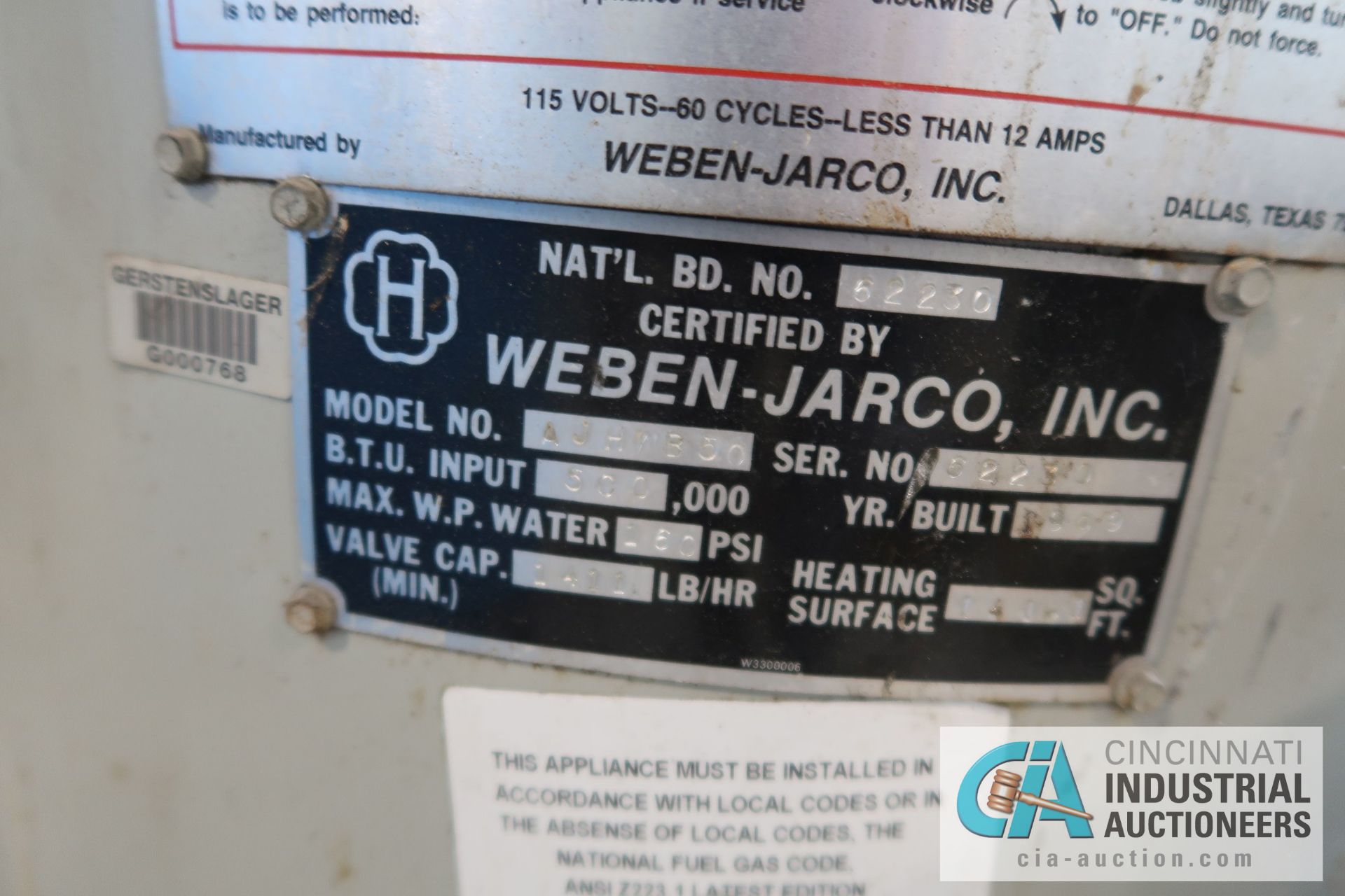 WEBEN JARCO MODEL AJHWB50 NATURAL GAS WATER BOILER, 500,000 BTU - Image 3 of 4
