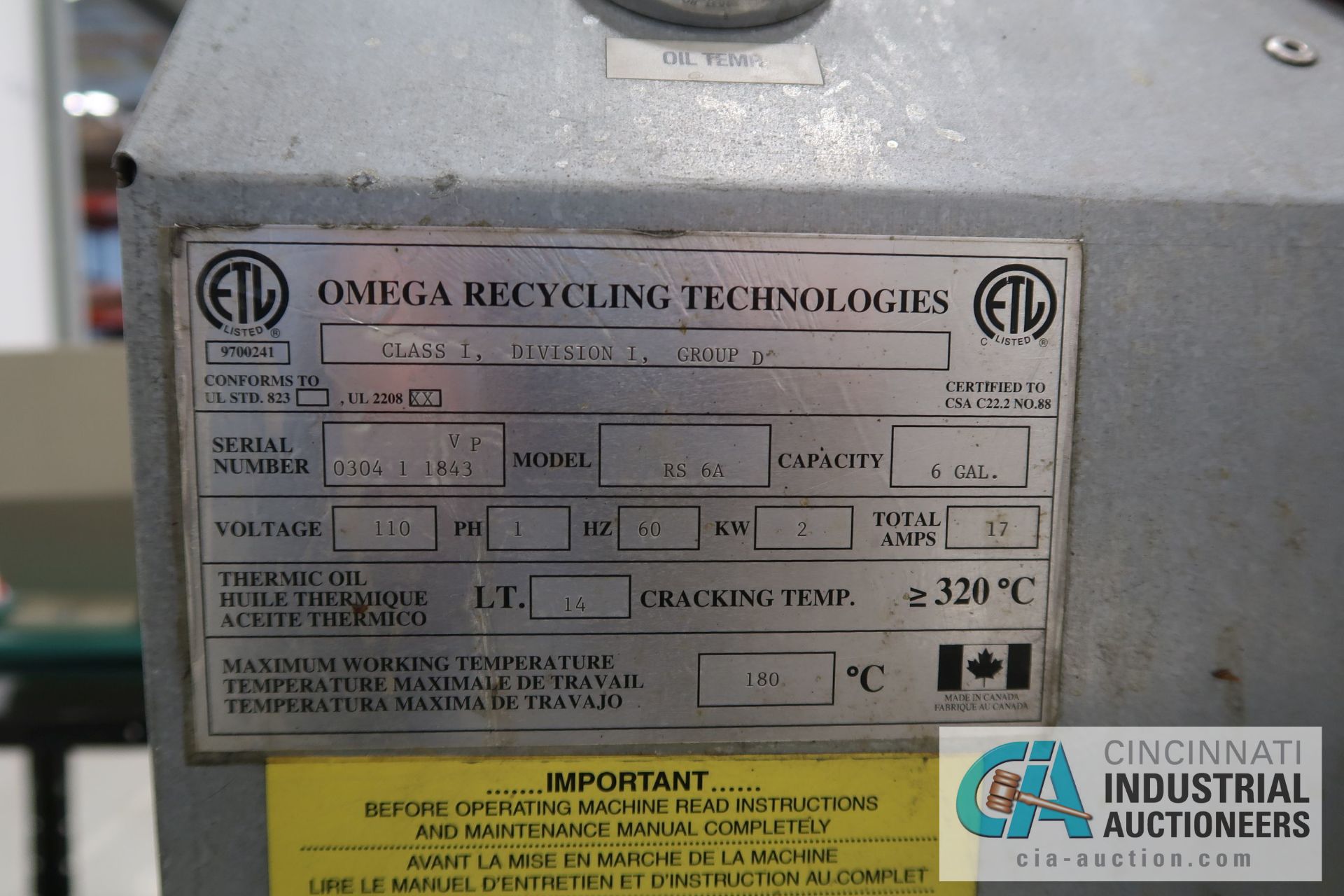 6 GAL. OMEGA RECYCLING TECHNOLIGES MODEL RS-6A SOLVENT RECOVERY UNIT; S/N 0304-1843VP - Image 4 of 5