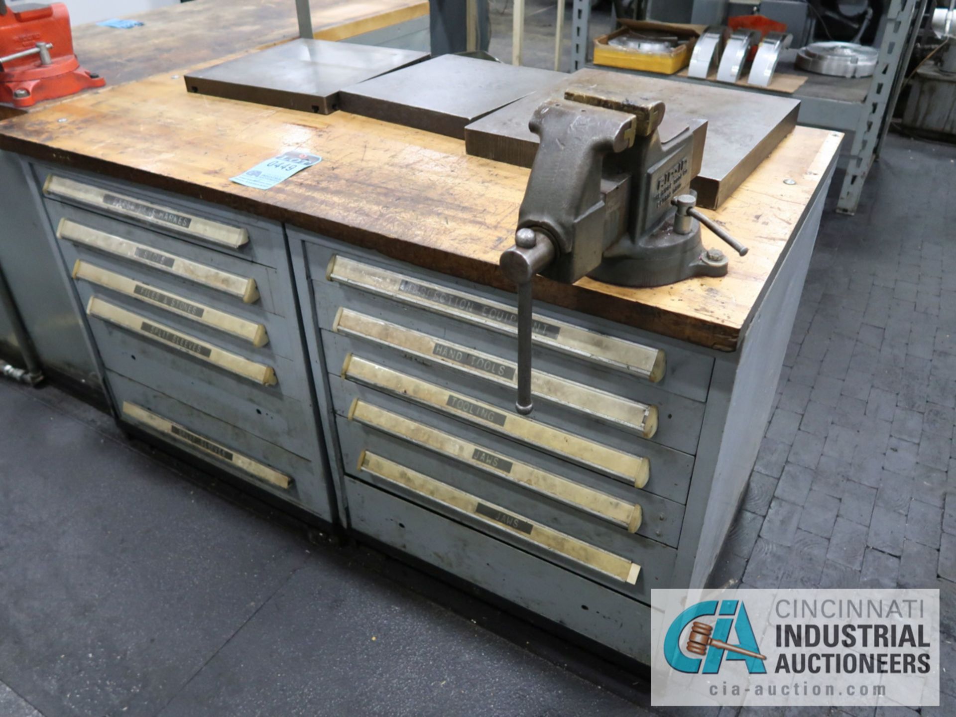 60" X 30" 12-DRAWER VIDMAR BENCH WITH MISC. TOOLING, HARDWARE, ACCESSORIES, 4" BENCH VISE, (3) METAL