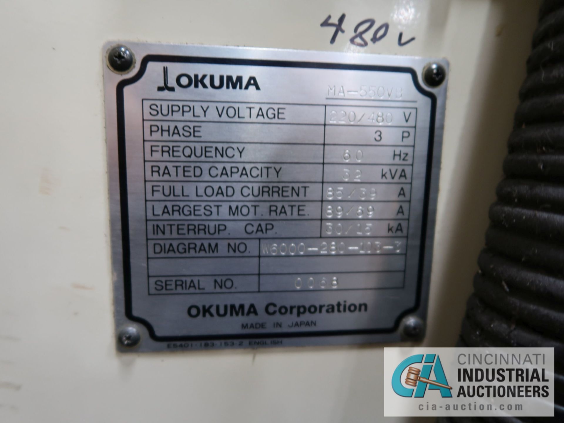 OKUMA MODEL MA-550VB CNC VERTICAL MACHINING CENTER; S/N 0068, 0SP-U100M CNC CONTROL, 22" X 51" - Image 9 of 10