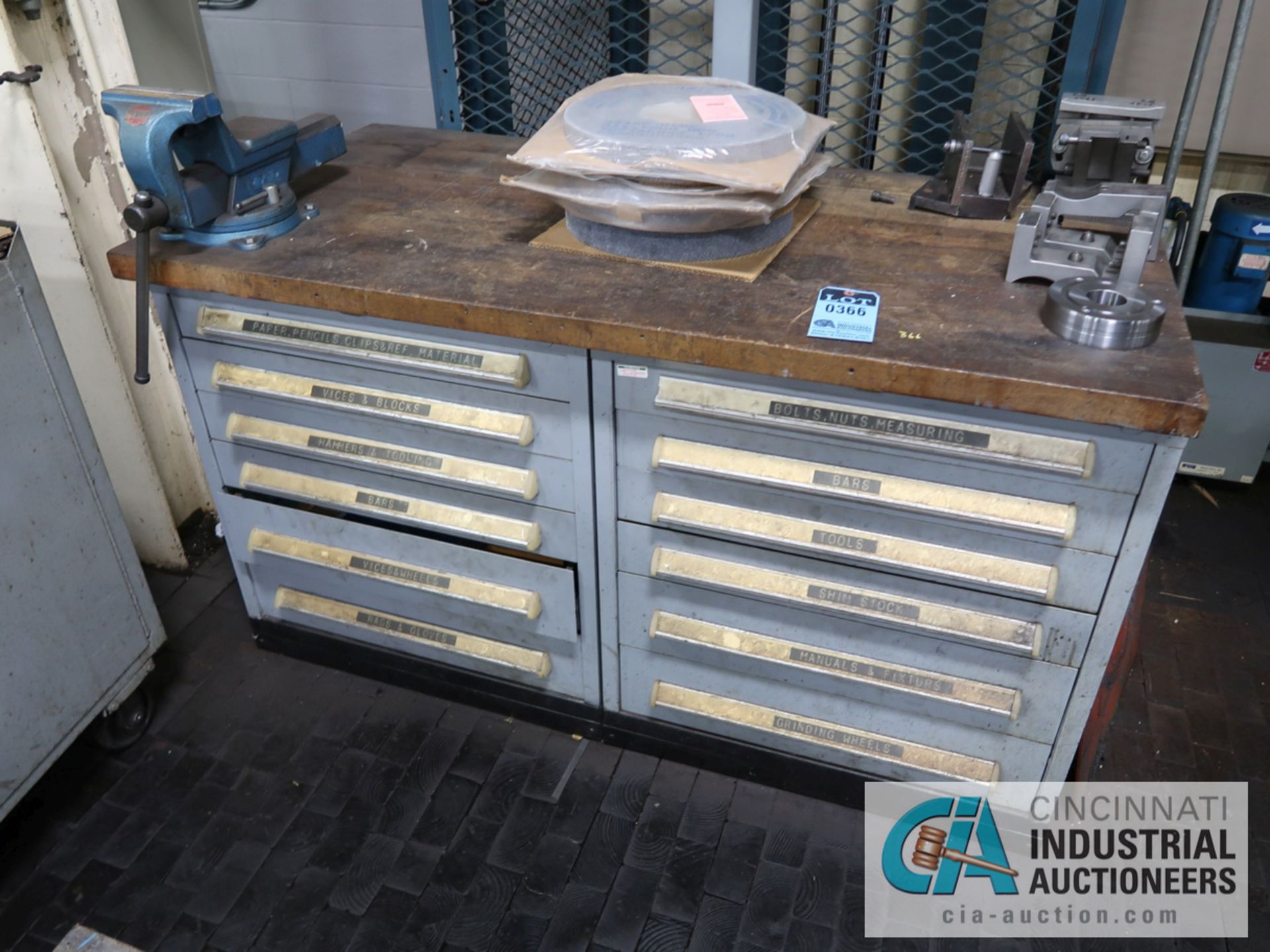 60" X 30" 12-DRAWER VIDMAR BENCH WITH CONTENTS, GRINDING FIXTURES, TOOLING & 4" BENCH VISE