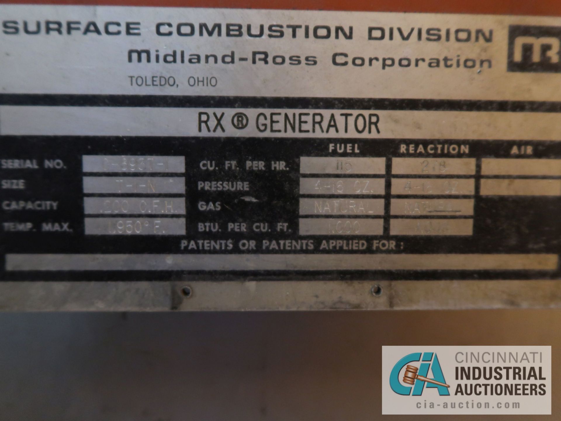 SURFACE COMBUSTION RX GENERATOR; S/N C-6937-1, SIZE T-I-N, 1200 CFH, 1950 DEGREE MAX TEMP - Image 5 of 5