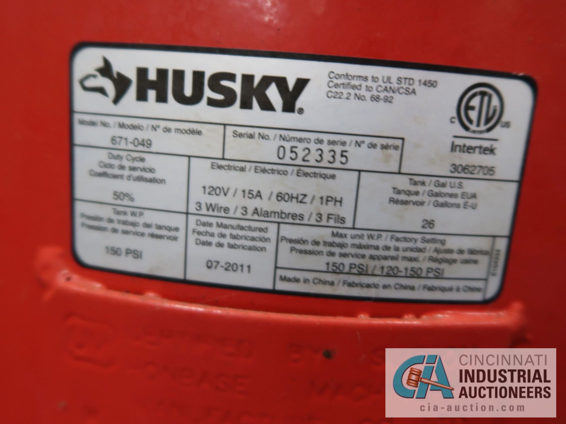 1-1/2 H.P. HUSKY AIR COMPRESSOR, 110 VOLT - Image 2 of 2