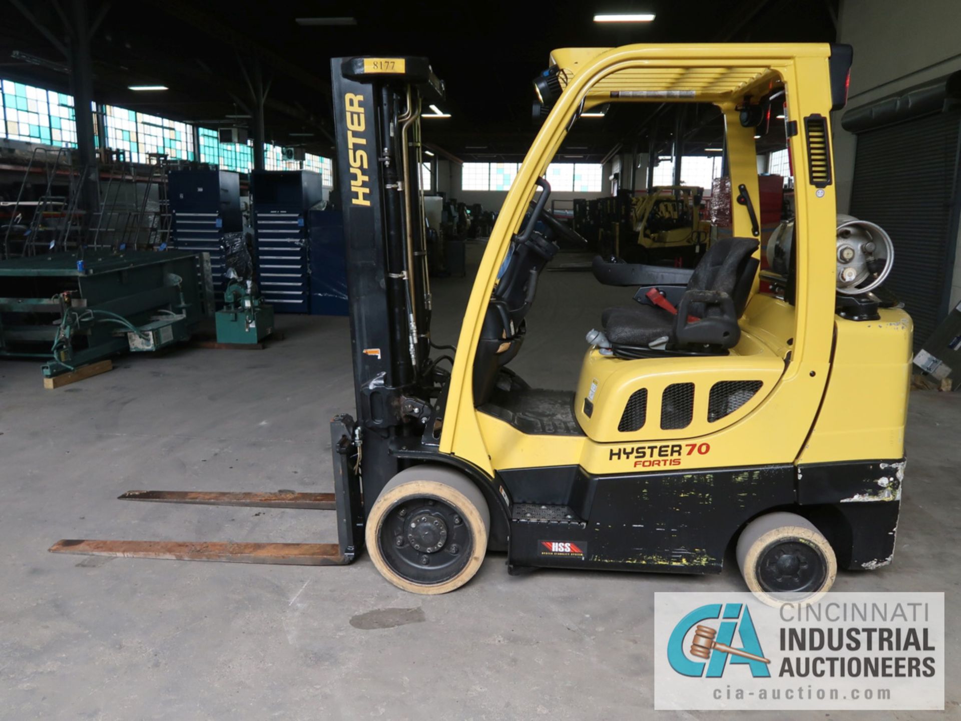 7,000 LB. HYSTER MODEL S70FT LP GAS SOLID TIRE LIFT TRUCK WITH 2-STAGE MAST, 122" LIFT HEIGHT, - Image 8 of 11