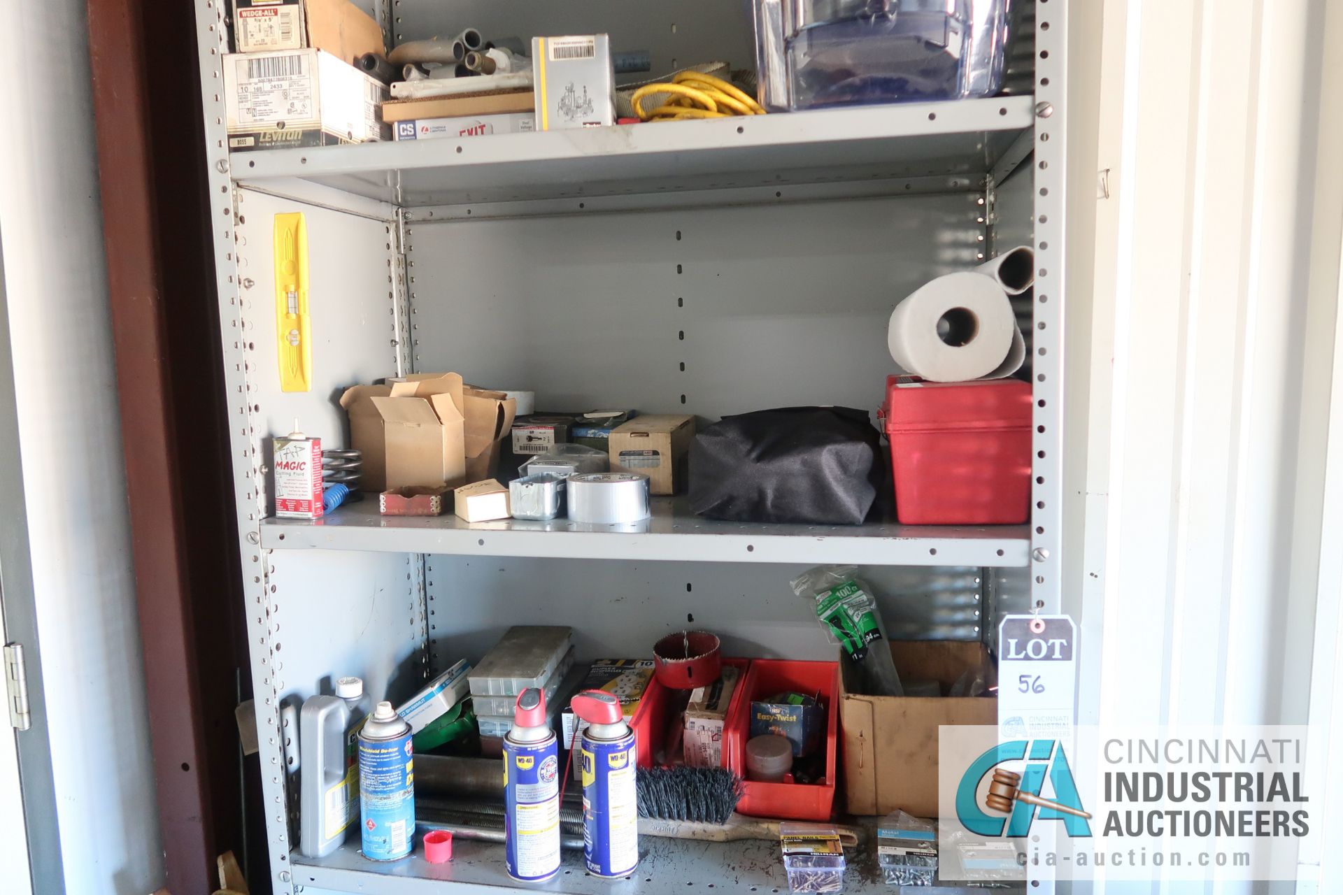 (LOT) MISCELLANEOUS SHOP SUPPLIES WITH SHELVING AND STORAGE CABINET - Image 2 of 10