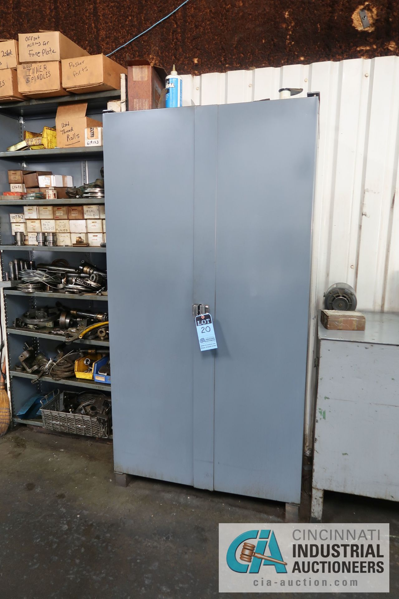 (LOT) MISCELLANEOUS ELECTRICAL AND HARDWARE WITH TWO-DOOR STRONGHOLD STYLE BIN CABINET