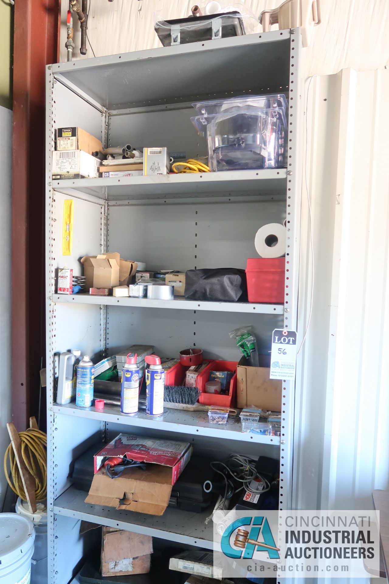 (LOT) MISCELLANEOUS SHOP SUPPLIES WITH SHELVING AND STORAGE CABINET