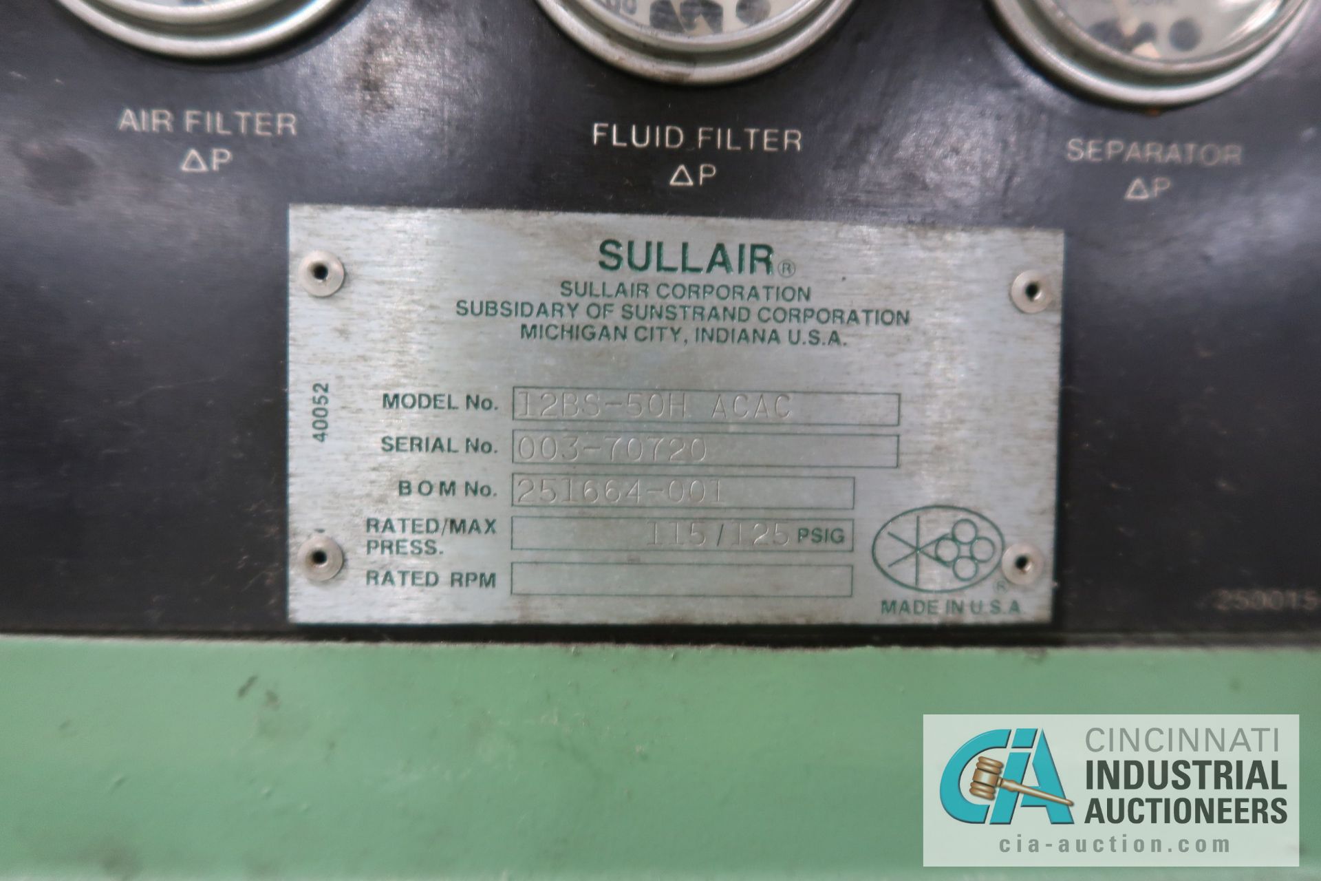 50HP SULLAIR MODEL 12BS-50H ACAC CABINET TYPE AIR COMPRESSOR; S/N 003-70720, 42,867 HOURS - Image 4 of 4