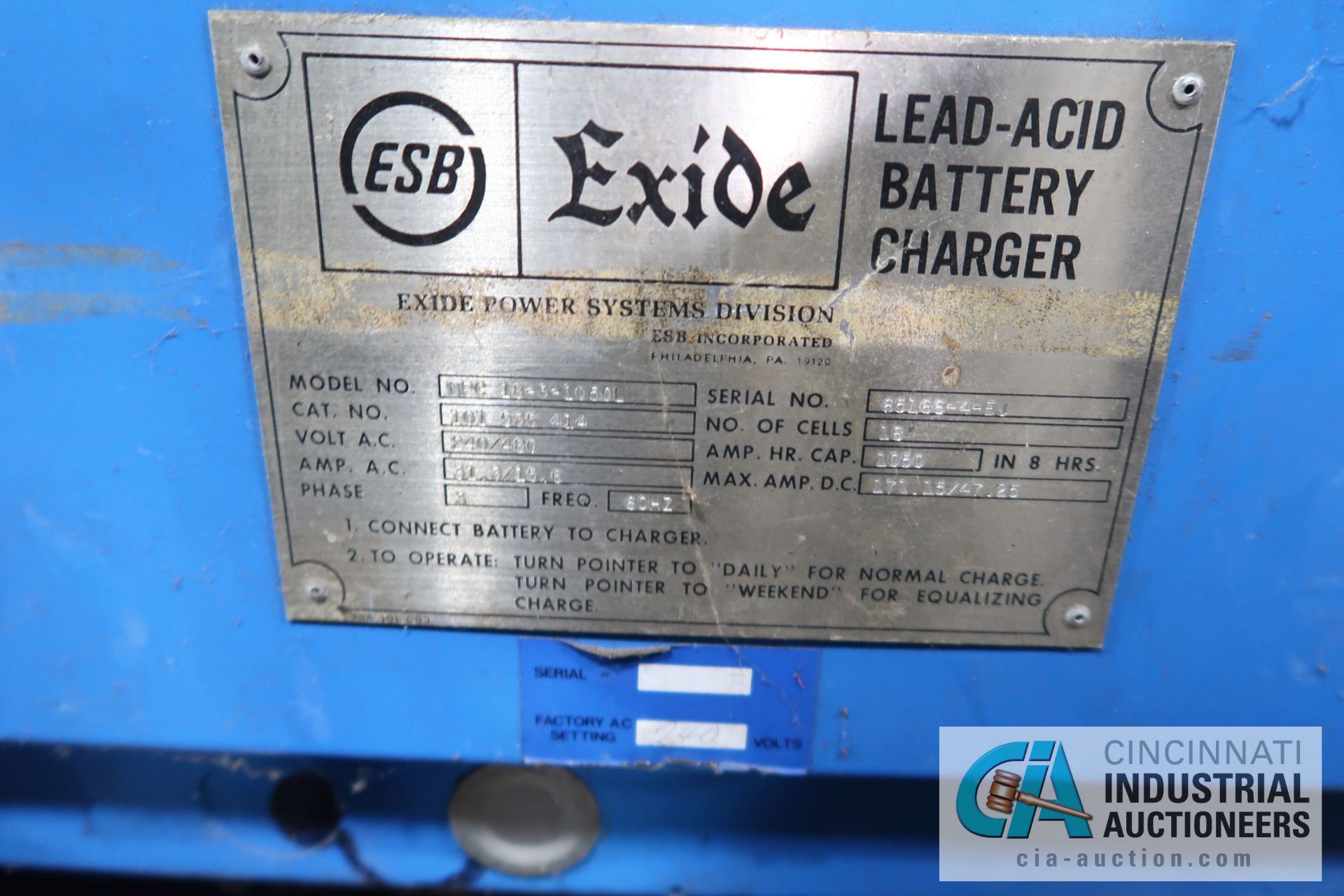 48-VOLT EXIDE MODEL NPC18-3-1050L BATTERY CHARGER; S/N 65166-4-EJ - Image 2 of 2