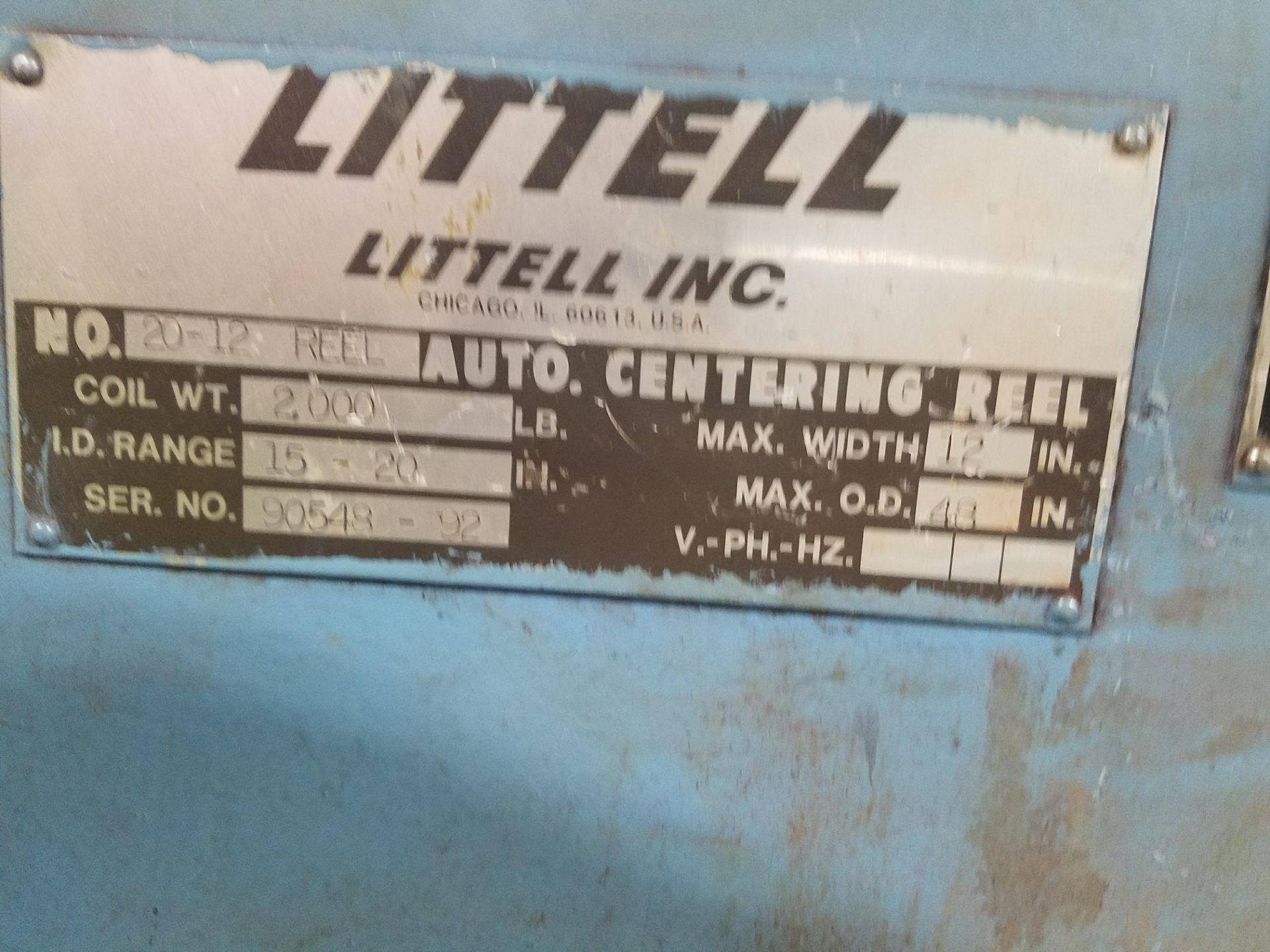 2,000 LB. LITTEL MODEL 20-12 MOTORIZED SINGLE END UNCOILER; S/N 90548-92 - Image 3 of 3